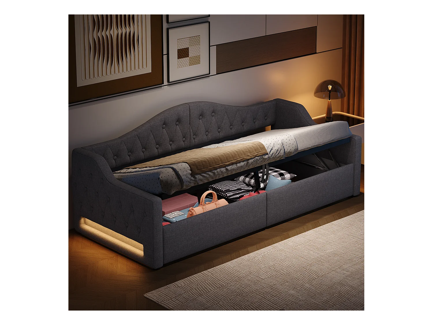 Dagbed 90x200 met LED en opbergruimte, grijze linnen stof, MDF en multiplex frame (213,5x98x69 cm)