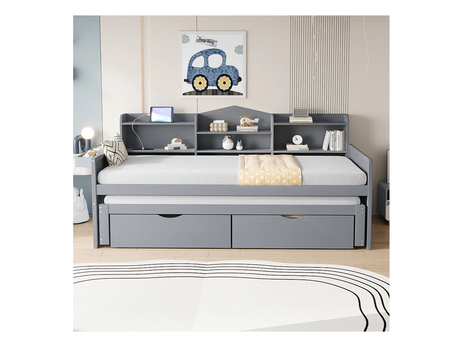 Canapé-lit 90x200 cm avec tiroirs, grand espace de rangement et port USB, en bois, gris (192.3x110x100 cm)