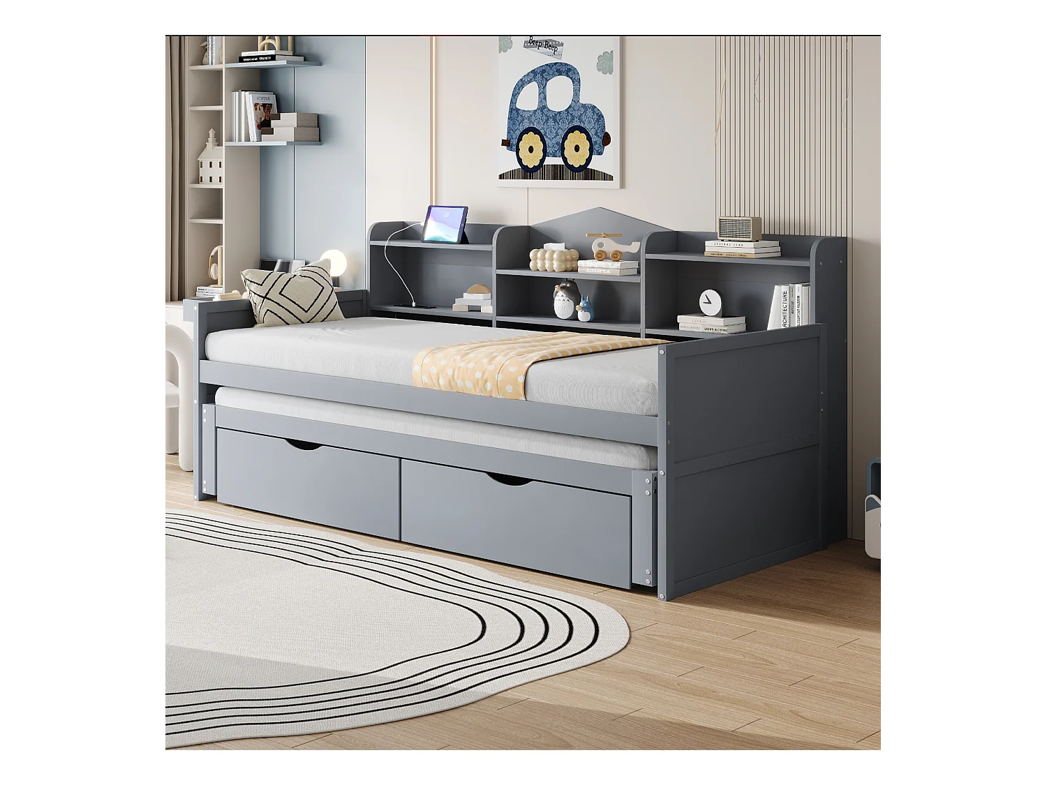 Canapé-lit 90x200 cm avec tiroirs, grand espace de rangement et port USB, en bois, gris (192.3x110x100 cm)