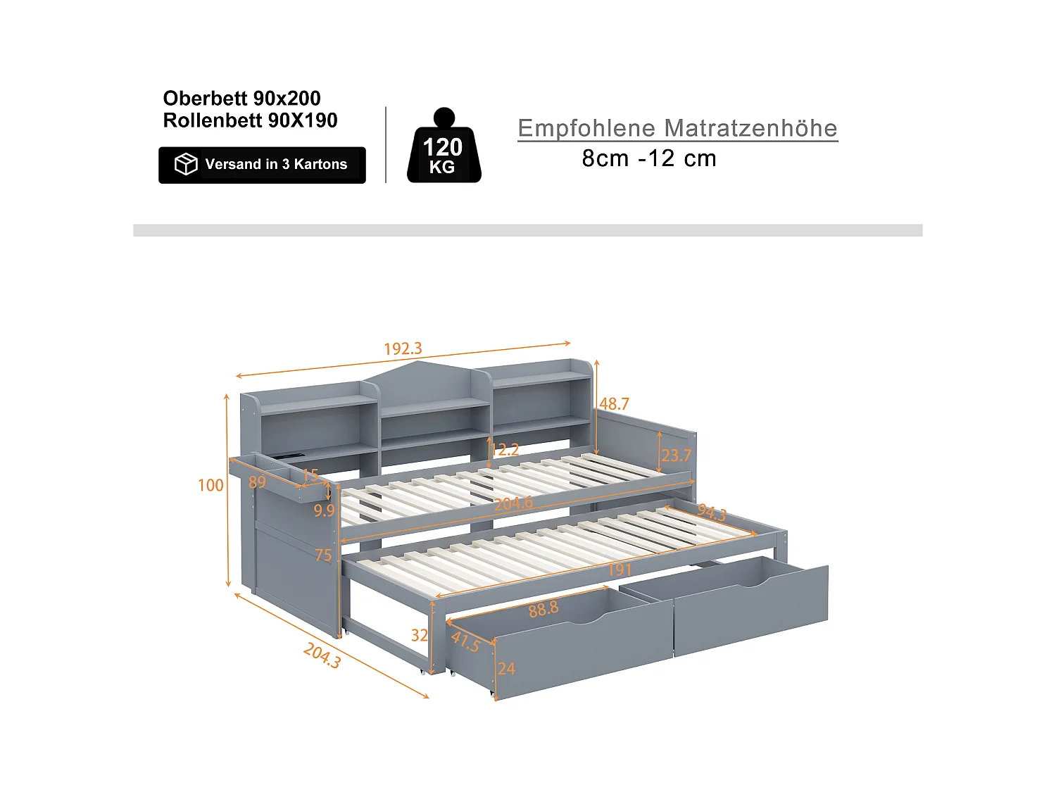 Canapé-lit 90x200 cm avec tiroirs, grand espace de rangement et port USB, en bois, gris (192.3x110x100 cm)