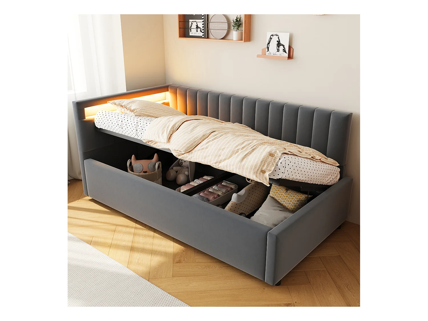 Canapé-lit 90/180x190 cm avec LED et rangement hydraulique, design rayé vertical, tête de lit ajustable, tissu en velours gris (206x95x68.5 cm)