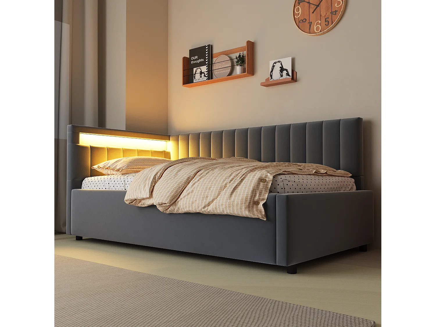 Sofá cama 90/180x190 cm con LED y arcón hidráulico, diseño de rayas verticales, cabecero regulable, tejido terciopelo gris (206x95x68,5 cm)