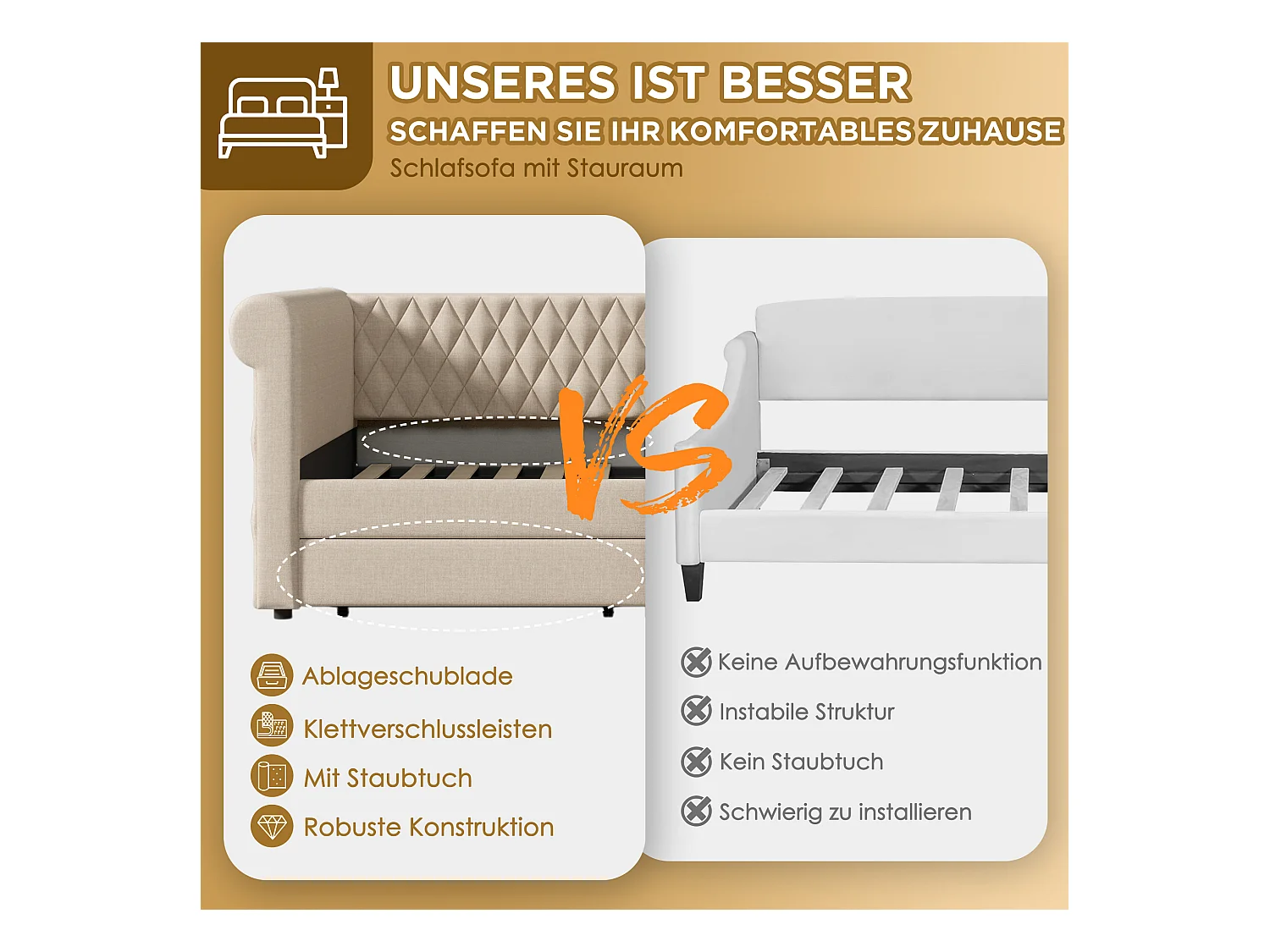 Sofabett 90x200 cm avec tête de lit vintage, 2 tiroirs de rangement, cadre en lin beige, sommier en bois (222x99x72 cm)