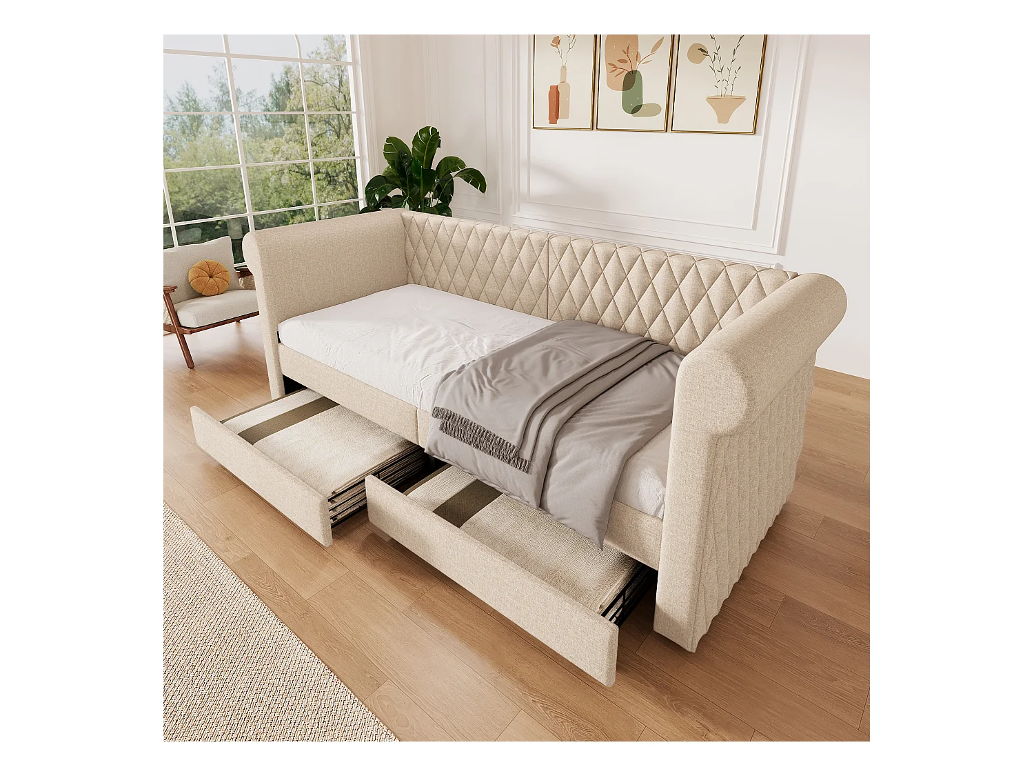 Sofabett 90x200 cm avec tête de lit vintage, 2 tiroirs de rangement, cadre en lin beige, sommier en bois (222x99x72 cm)