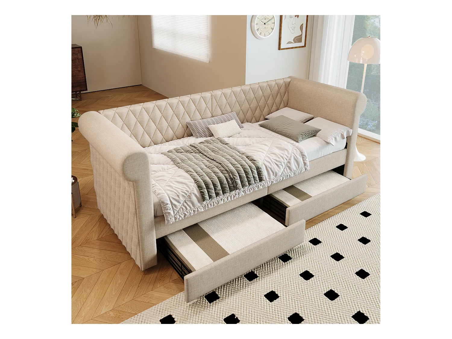 Sofabett 90x200 cm avec tête de lit vintage, 2 tiroirs de rangement, cadre en lin beige, sommier en bois (222x99x72 cm)