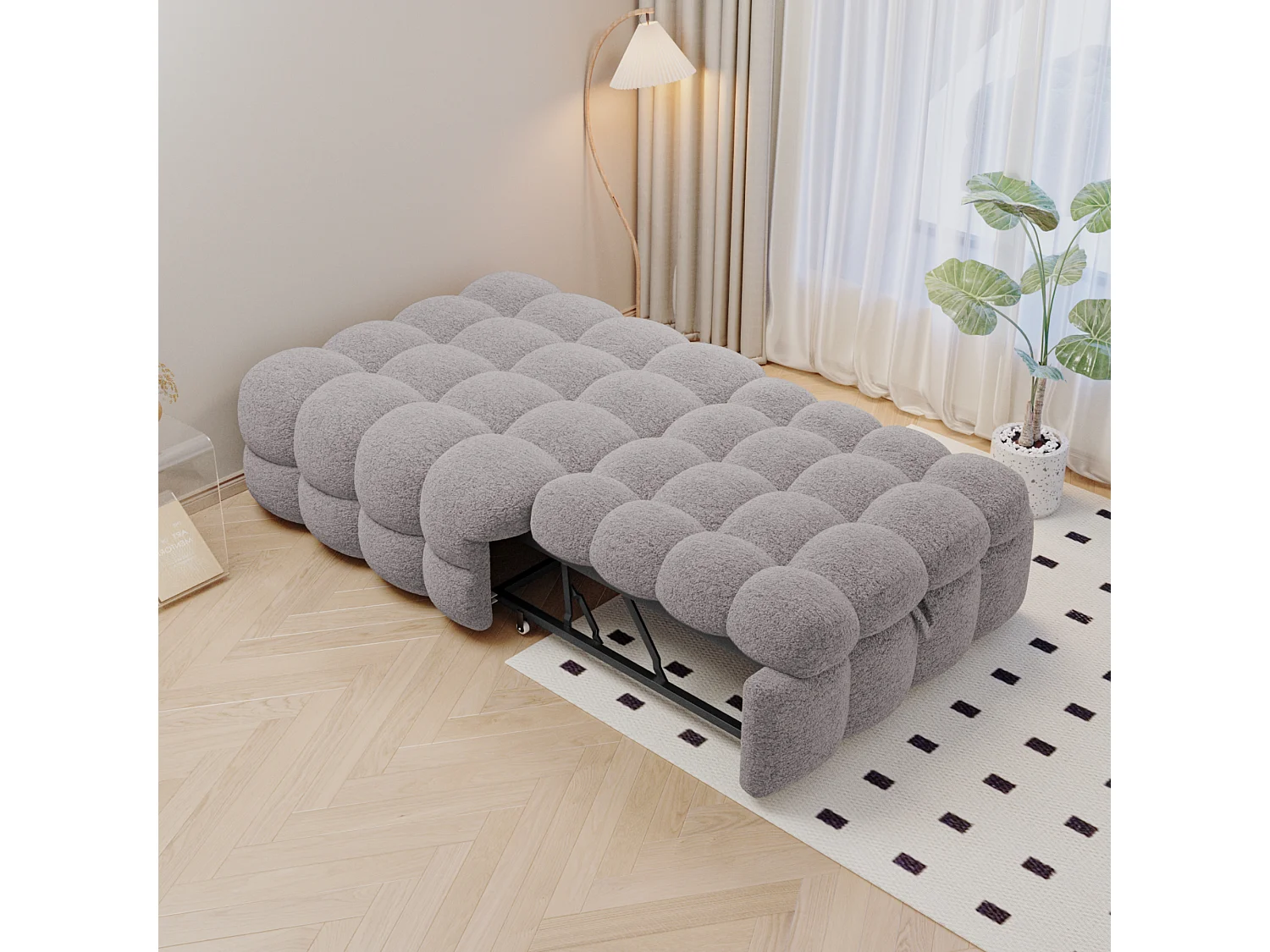 Lit pouf 2-en-1, canapé-lit extensible, tissu teddy, gris (183x76x72 cm)