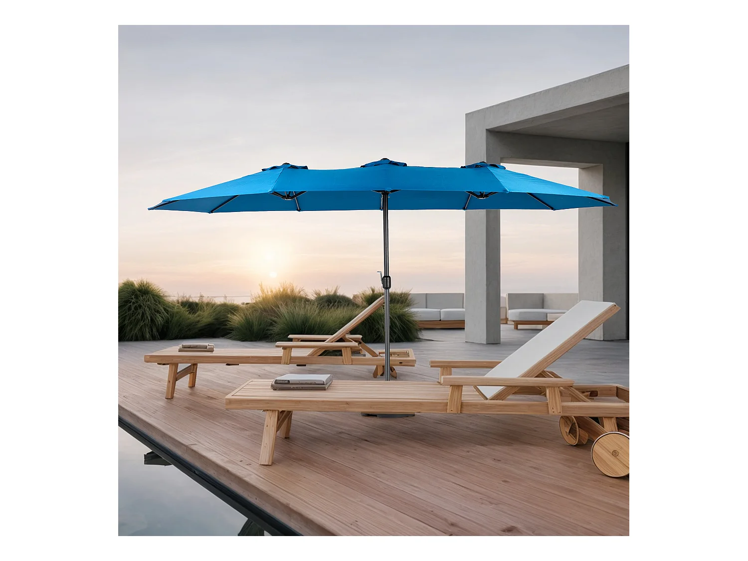 Parasol extérieur double face rectangulaire avec manivelle, structure en acier, bleu marine (4.5x4.5x3m)