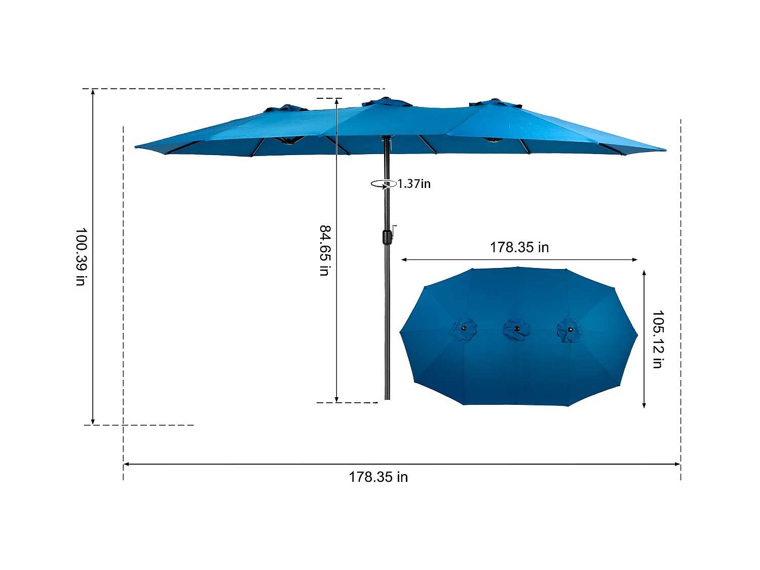 Parasol extérieur double face rectangulaire avec manivelle, structure en acier, bleu marine (4.5x4.5x3m)