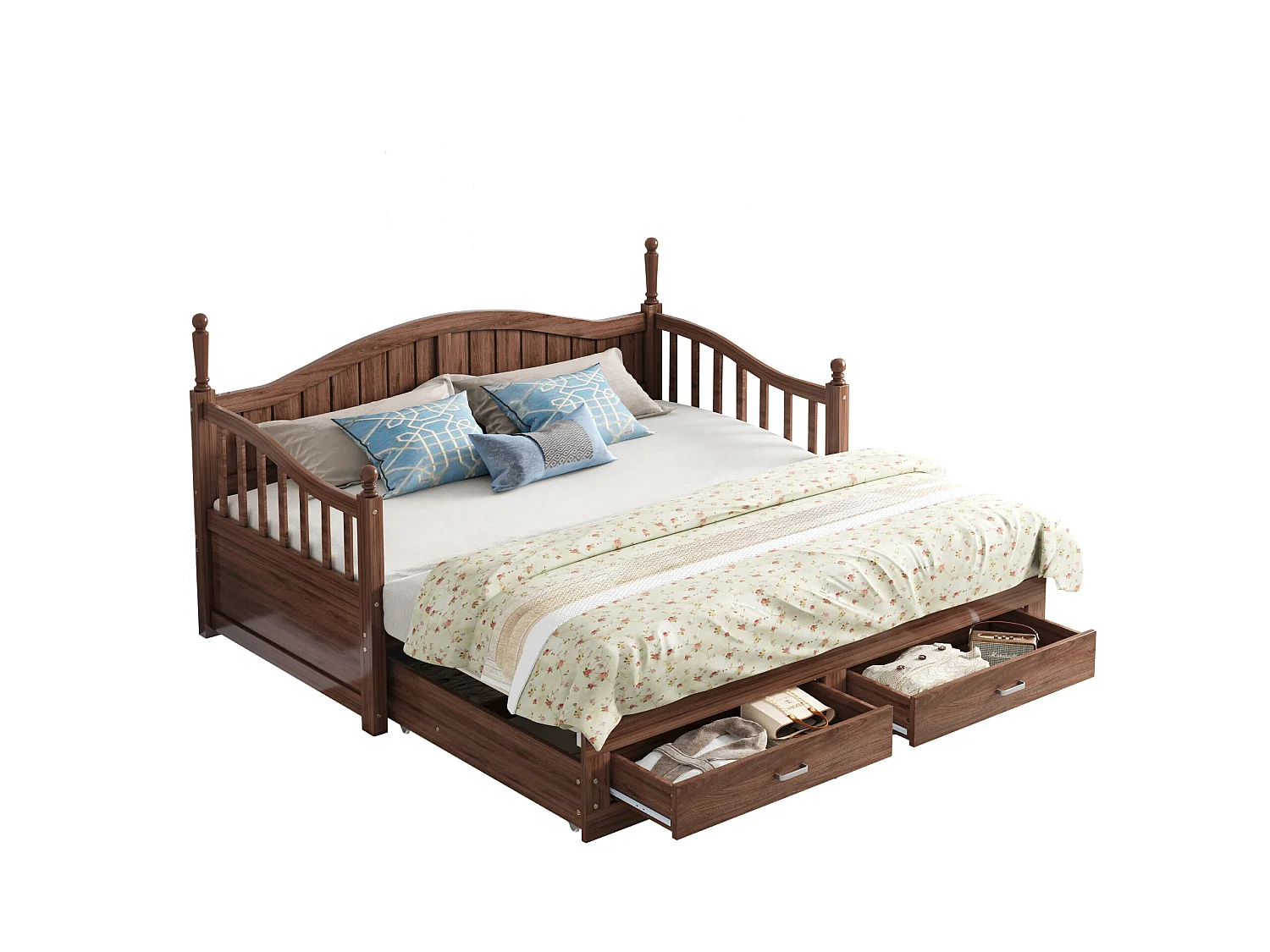 Canapé-lit extensible en bois massif avec rangement, colonnes romaines, dos et accoudoirs incurvés, avec tiroirs et sommier à lattes(197x97x95 cm)