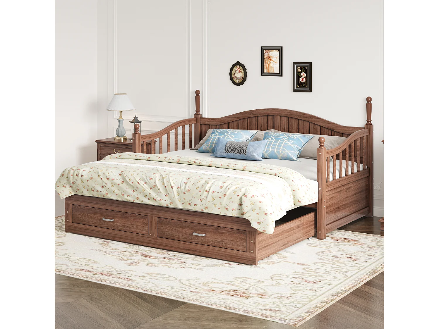Sofá cama extensible de madera maciza con almacenaje, columnas romanas, respaldo curvado y reposabrazos, con cajones y somier de láminas (197x97x95 cm)