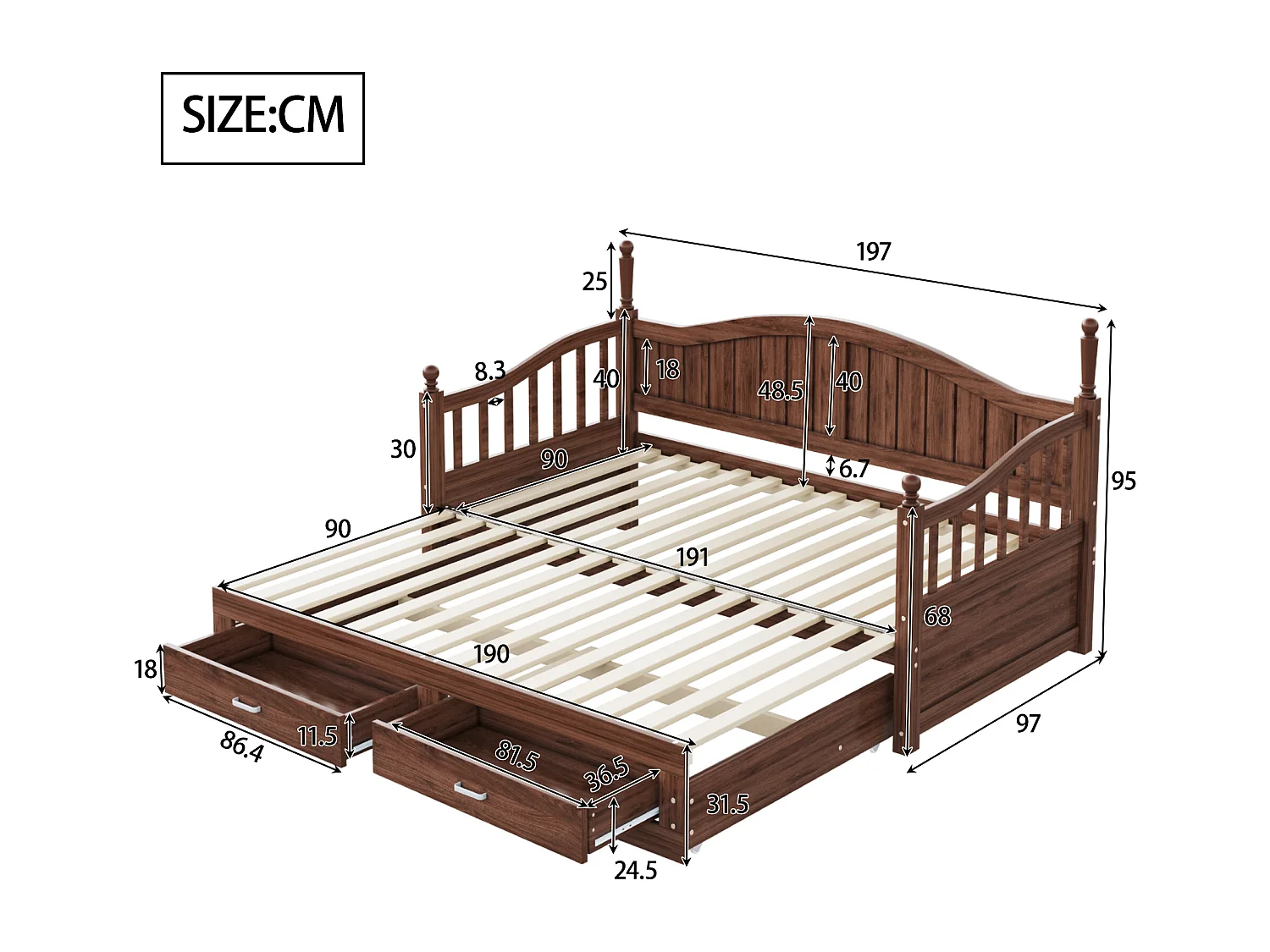 Sofá cama extensible de madera maciza con almacenaje, columnas romanas, respaldo curvado y reposabrazos, con cajones y somier de láminas (197x97x95 cm)