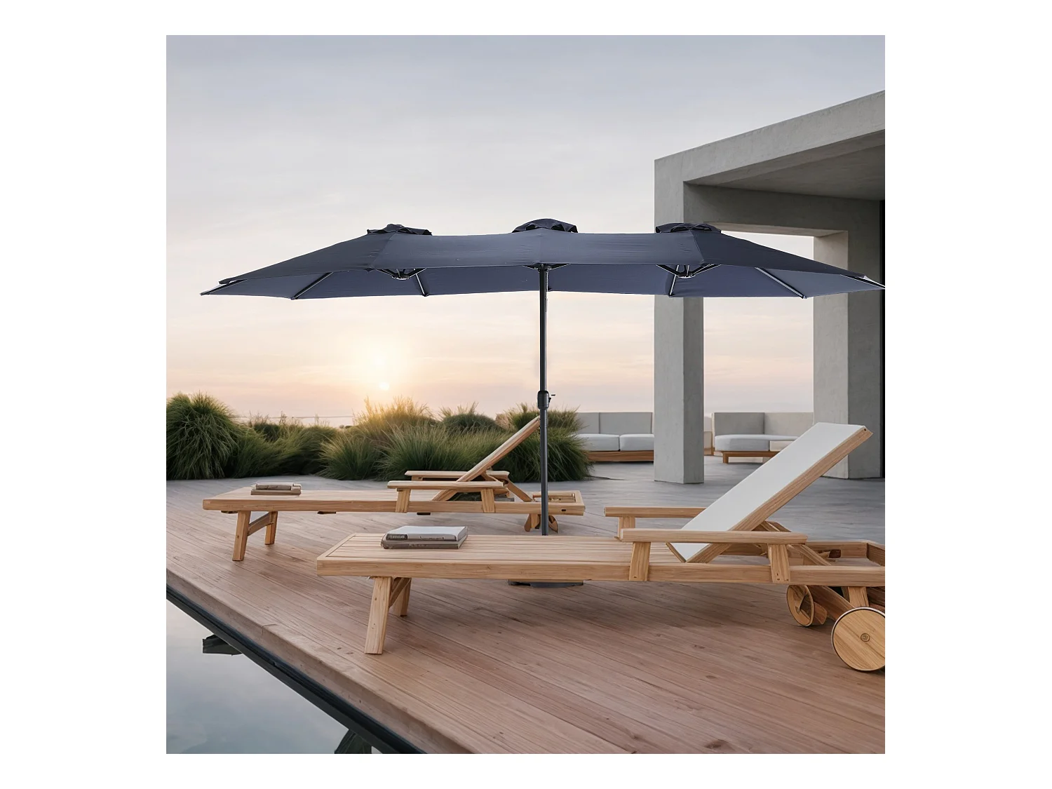 Ombrellone da esterno rettangolare bifacciale con manovella, struttura in acciaio, blu navy (4,5x4,5x3 m)