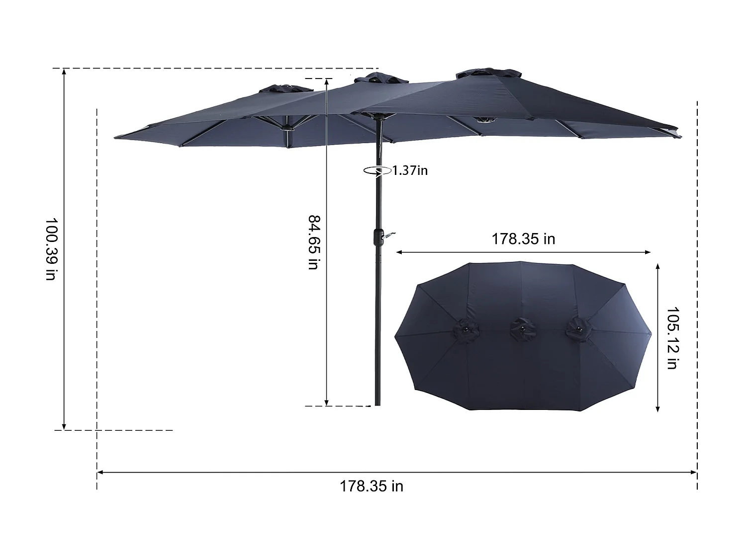 Ombrellone da esterno rettangolare bifacciale con manovella, struttura in acciaio, blu navy (4,5x4,5x3 m)