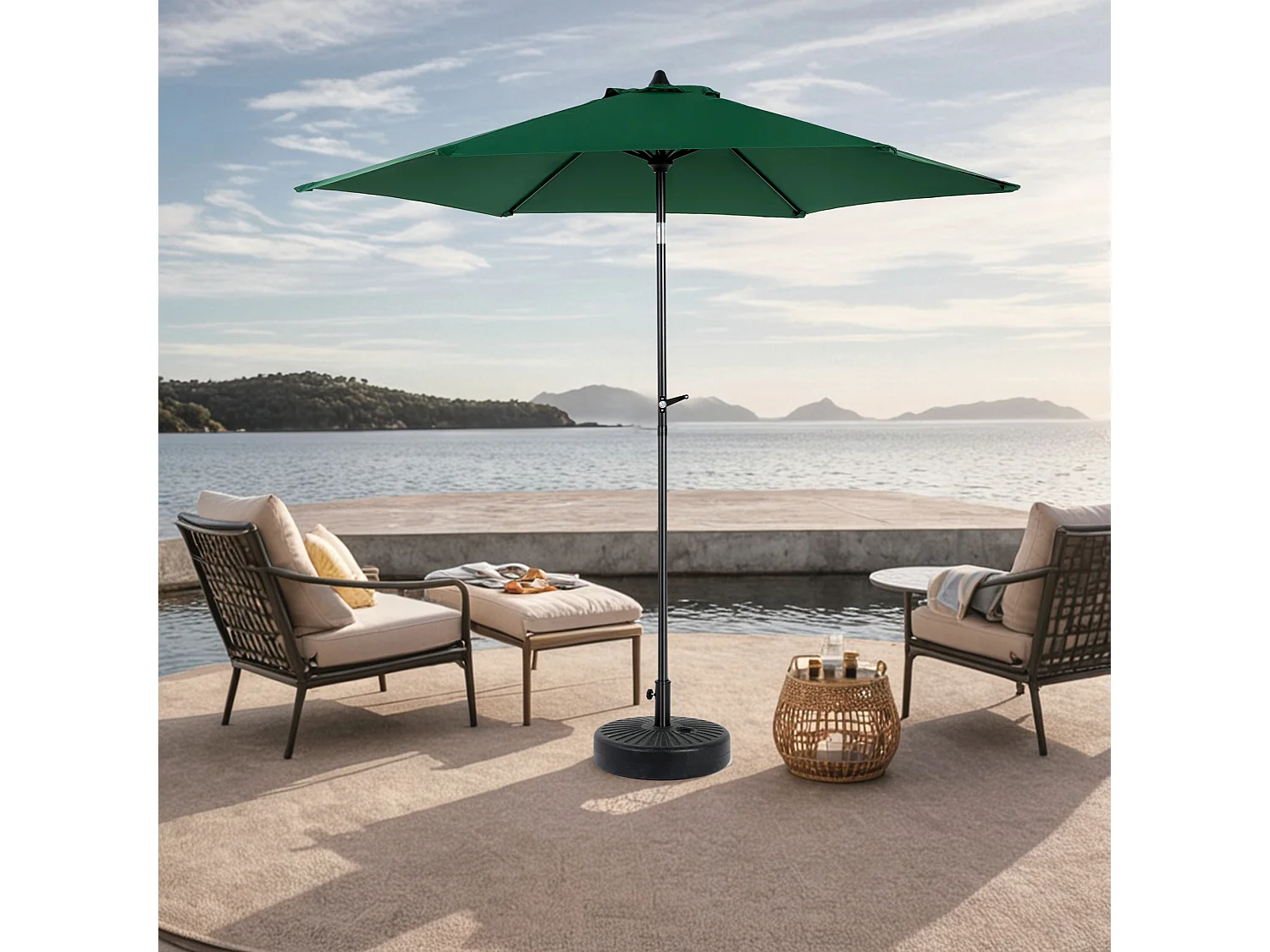 Parasol extérieur double face, rectangulaire avec manivelle, acier, vert foncé (274x213x200 cm)