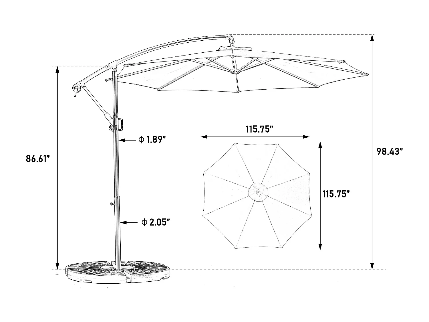 Dubbelzijdige rechthoekige buitenparasol met slinger, stalen frame, kaki (4,5x4,5x3m)