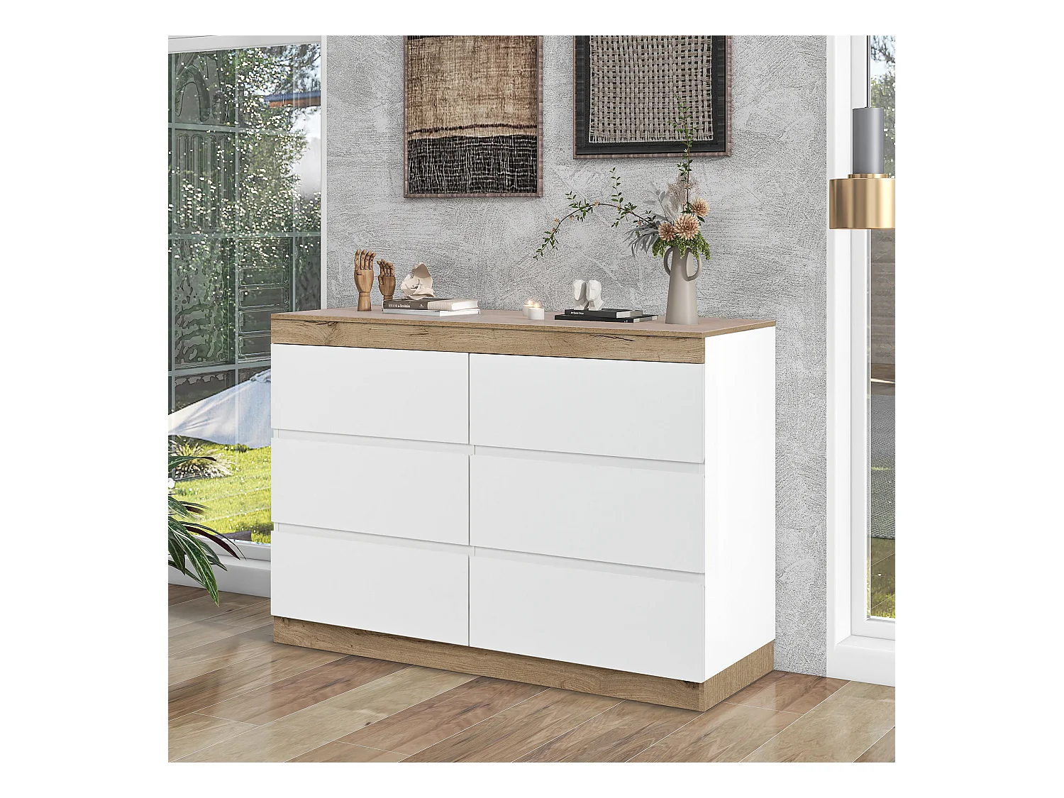 Cassettiera con 6 cassetti e vano contenitore, pannello truciolare E1, bianco + rovere, (122,5x46,2x73 cm)