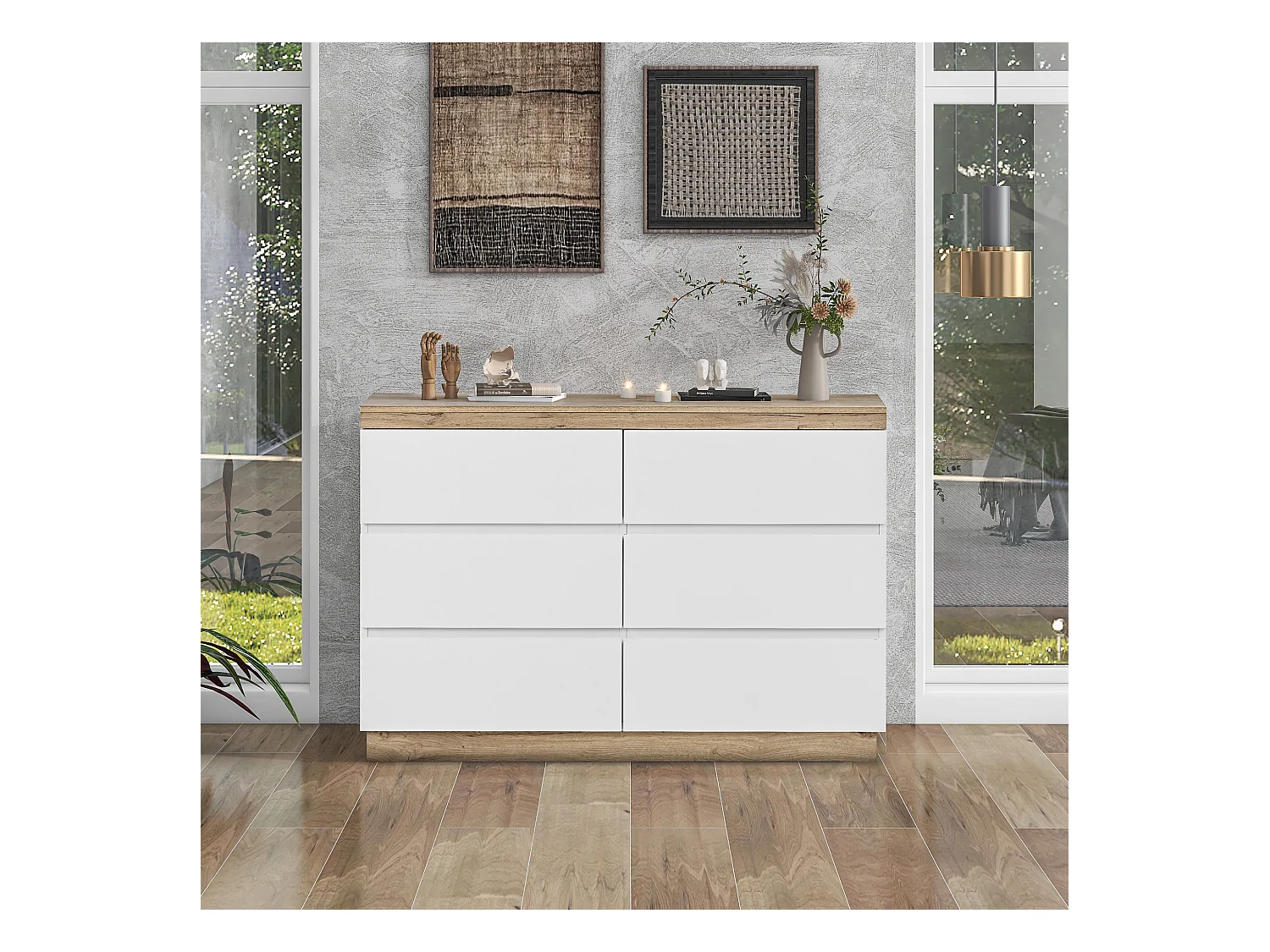 Cassettiera con 6 cassetti e vano contenitore, pannello truciolare E1, bianco + rovere, (122,5x46,2x73 cm)