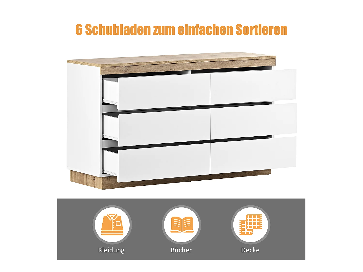 Cassettiera con 6 cassetti e vano contenitore, pannello truciolare E1, bianco + rovere, (122,5x46,2x73 cm)