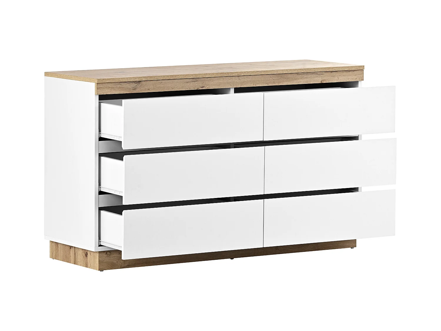 Cassettiera con 6 cassetti e vano contenitore, pannello truciolare E1, bianco + rovere, (122,5x46,2x73 cm)