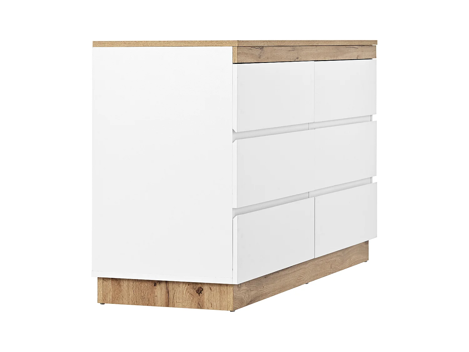 Cassettiera con 6 cassetti e vano contenitore, pannello truciolare E1, bianco + rovere, (122,5x46,2x73 cm)