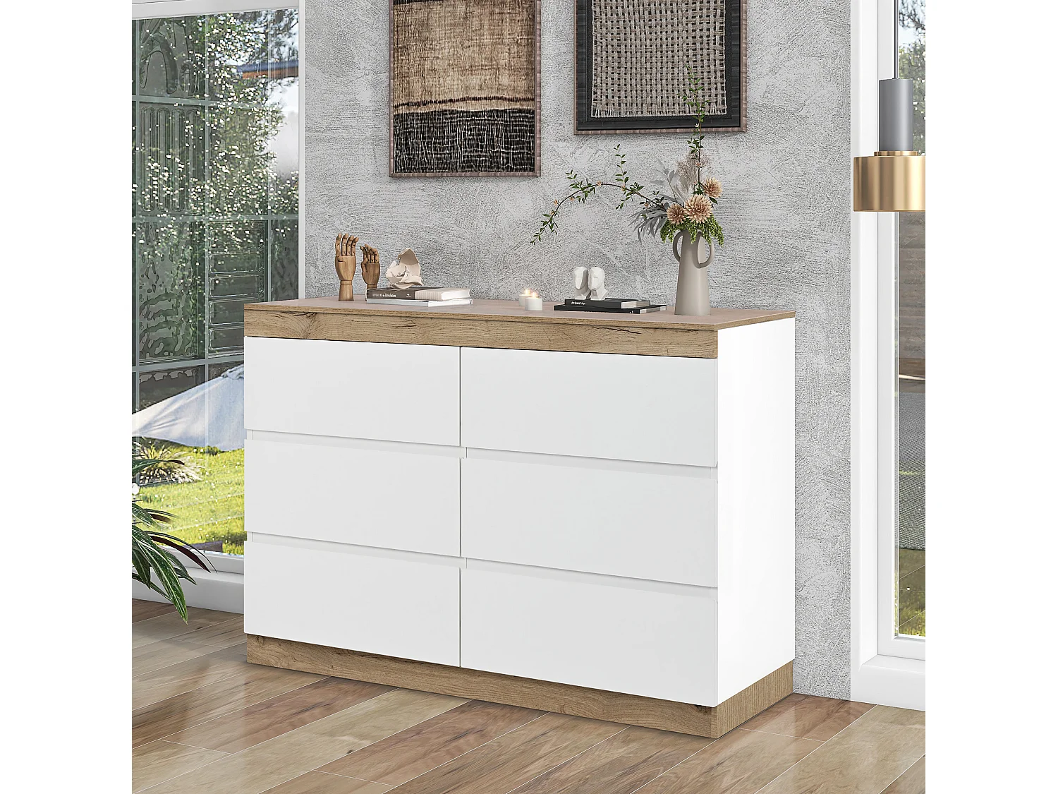 Ladekast met 6 laden en opbergvak, E1-spaanplaat, Wit + Eiken, (122,5x46,2x73 cm)