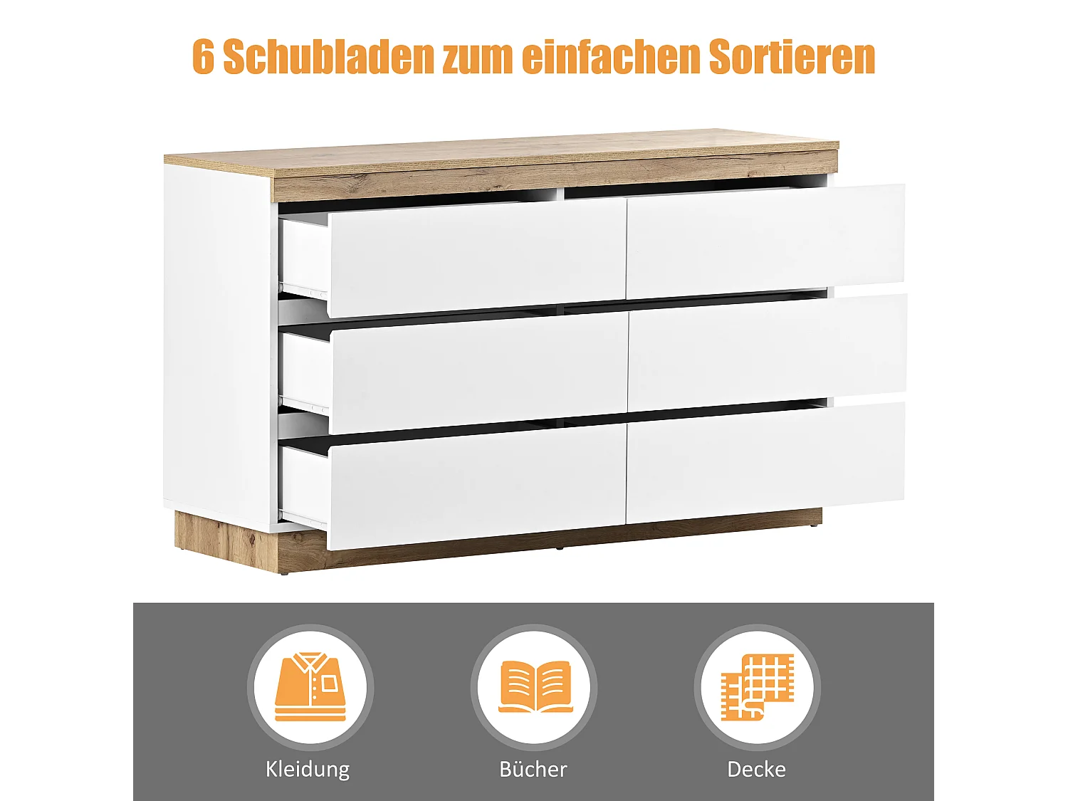 Ladekast met 6 laden en opbergvak, E1-spaanplaat, Wit + Eiken, (122,5x46,2x73 cm)