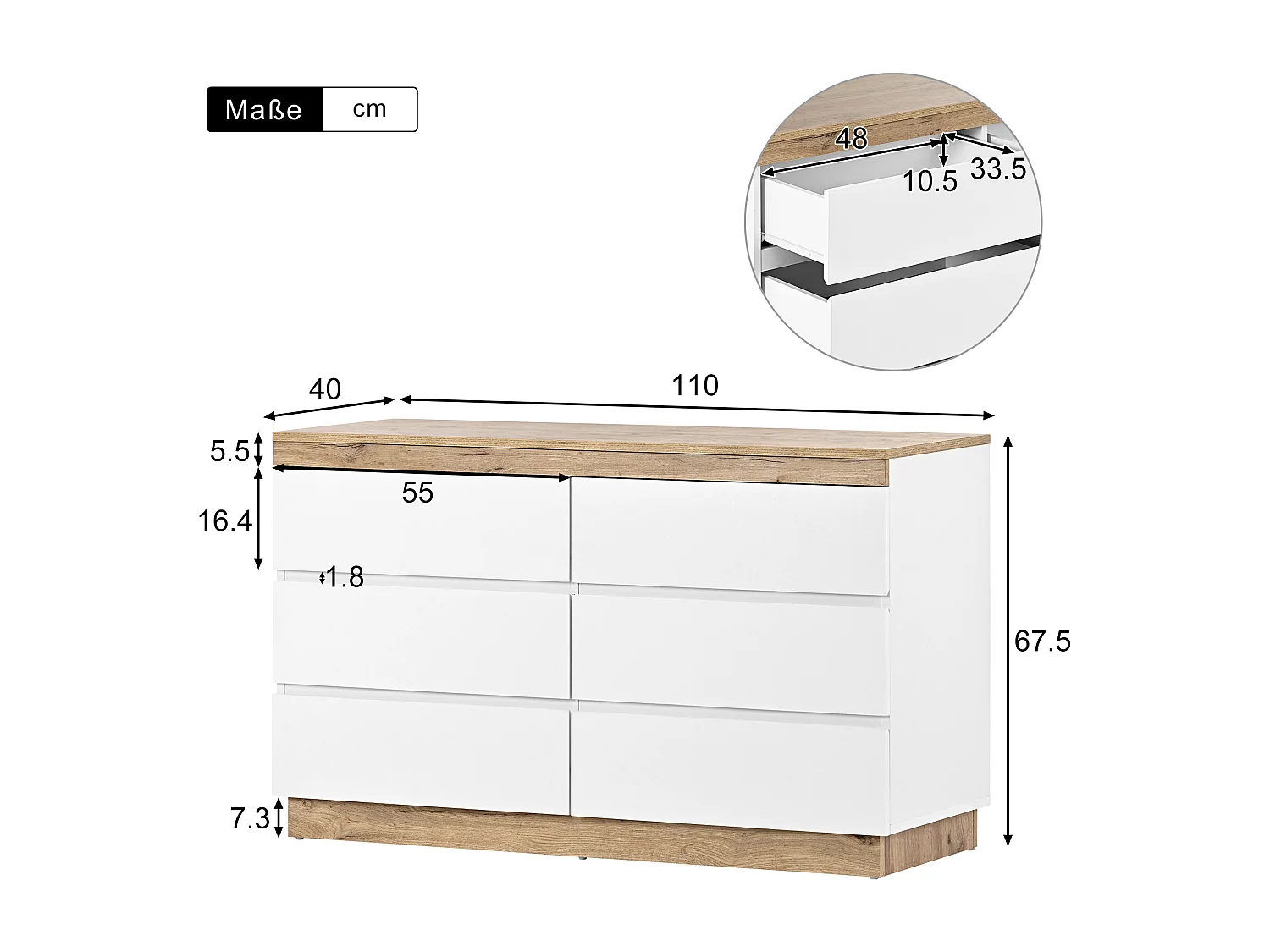Ladekast met 6 laden en opbergvak, E1-spaanplaat, Wit + Eiken, (122,5x46,2x73 cm)