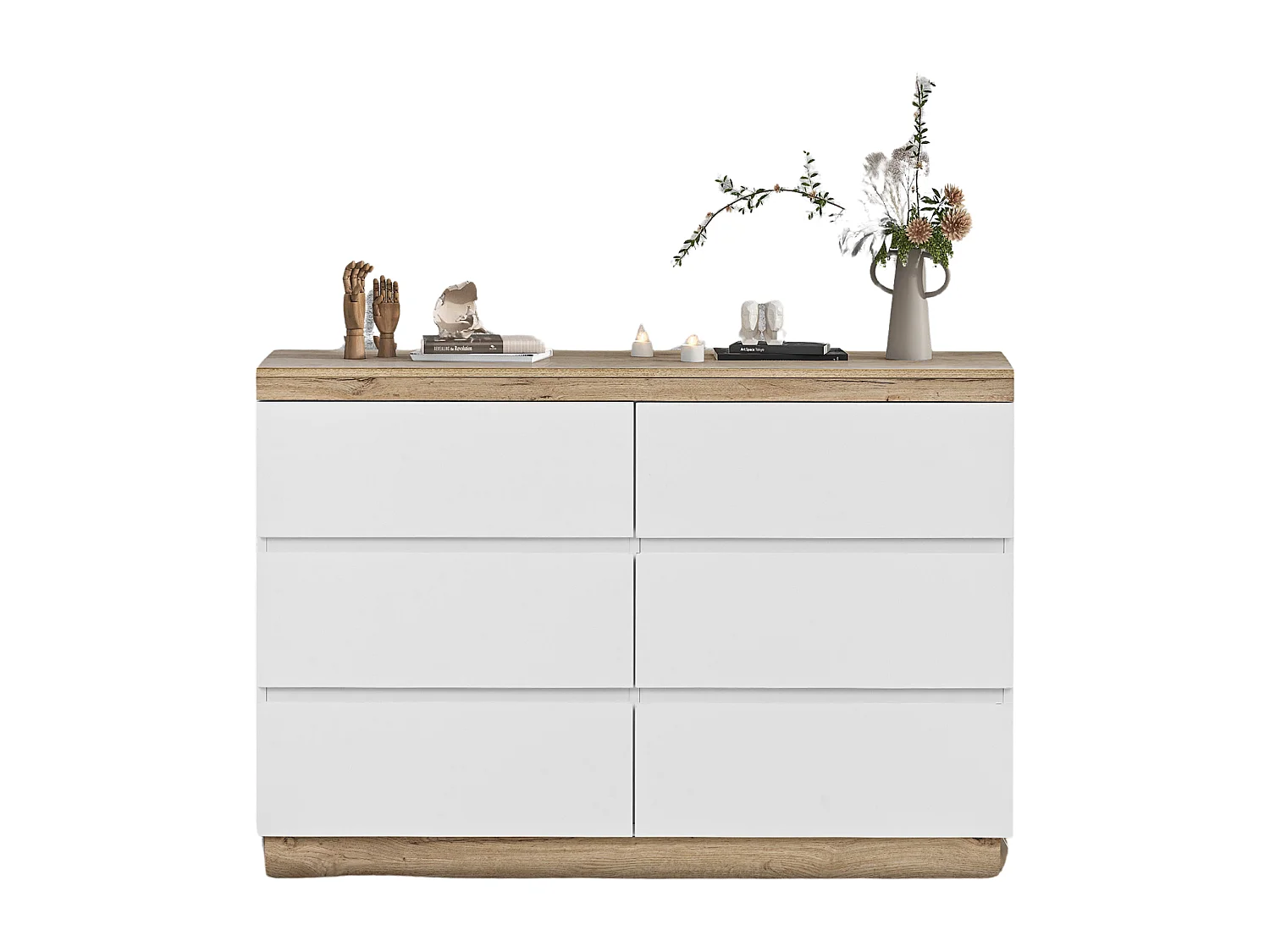 Ladekast met 6 laden en opbergvak, E1-spaanplaat, Wit + Eiken, (122,5x46,2x73 cm)