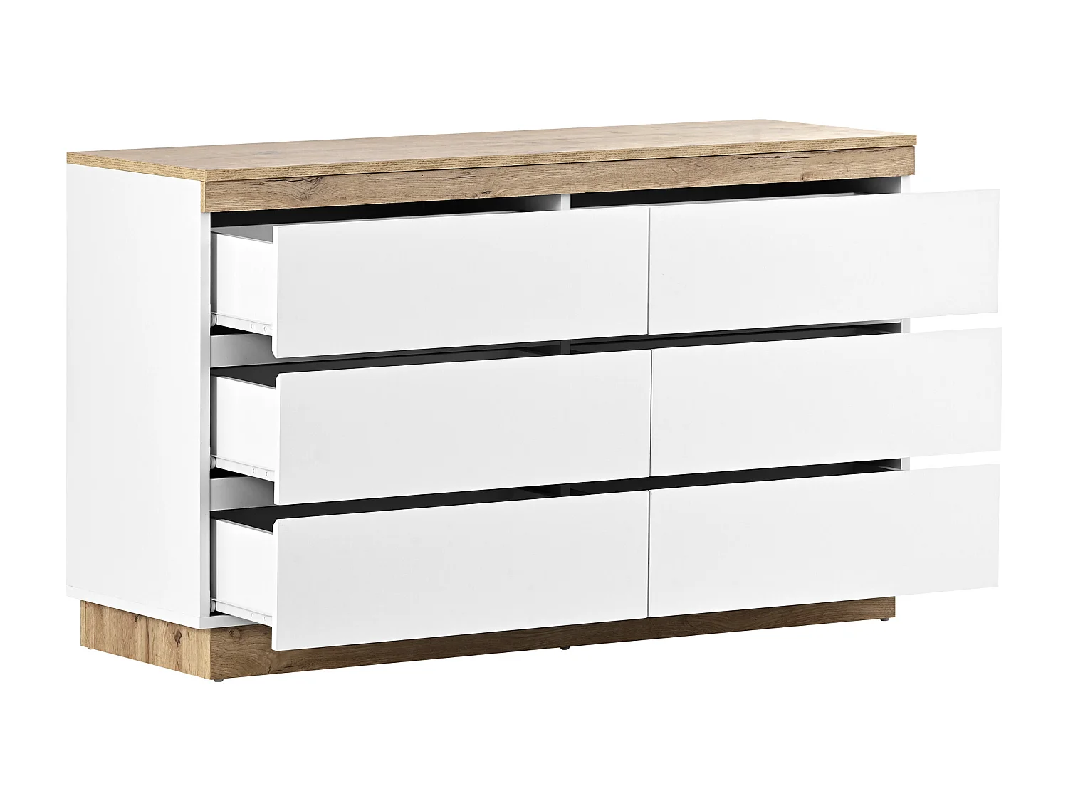 Ladekast met 6 laden en opbergvak, E1-spaanplaat, Wit + Eiken, (122,5x46,2x73 cm)