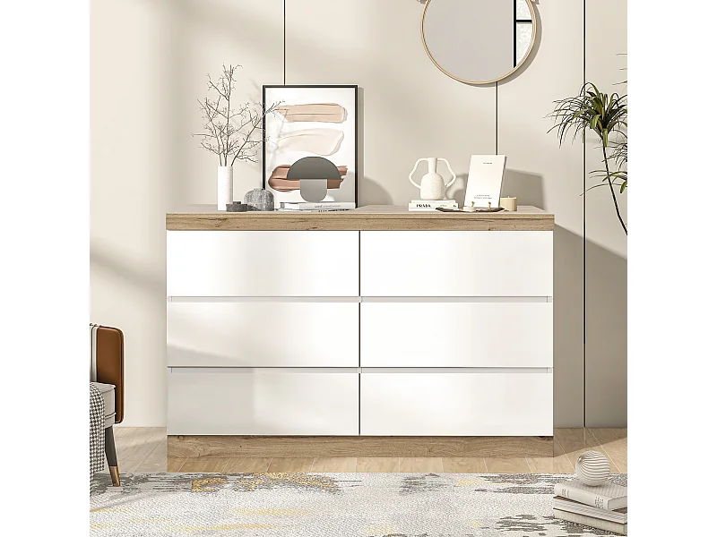 Ladekast met 6 laden en opbergvak, E1-spaanplaat, Wit + Eiken, (122,5x46,2x73 cm)