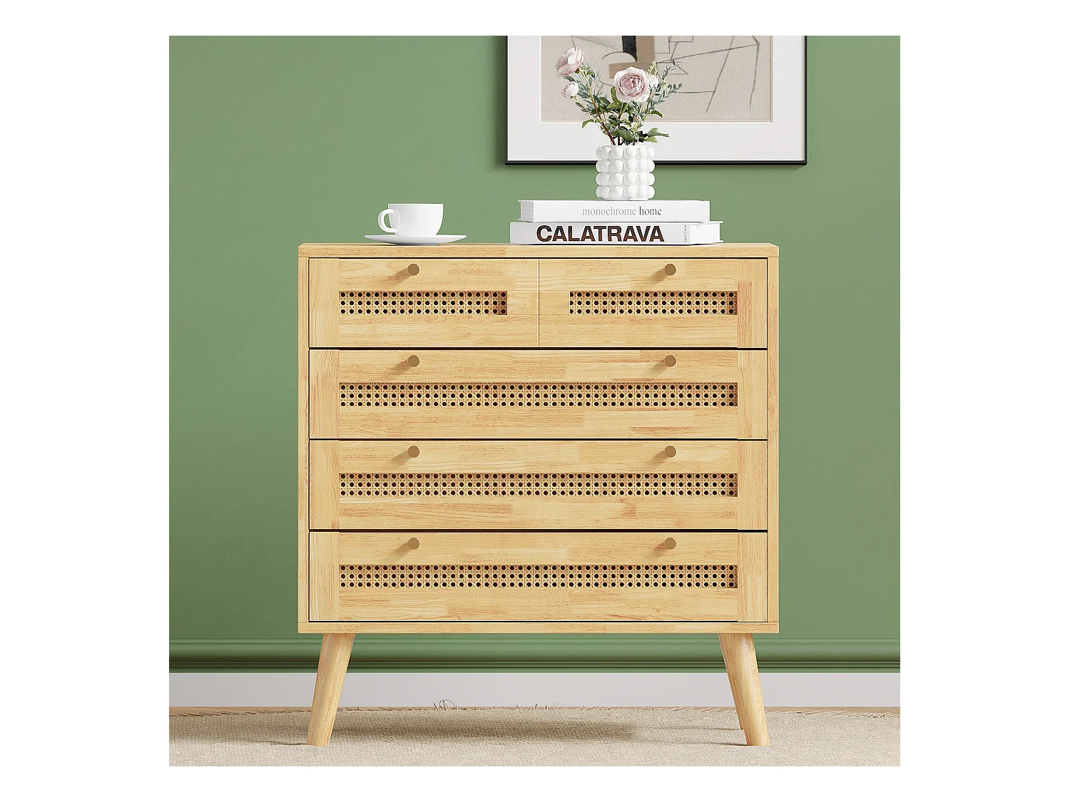 Commode classique, 3 tiroirs en rattan, avec plateau pivotant et poignées en métal doré, pieds en bois, blanc (80x40x83 cm)