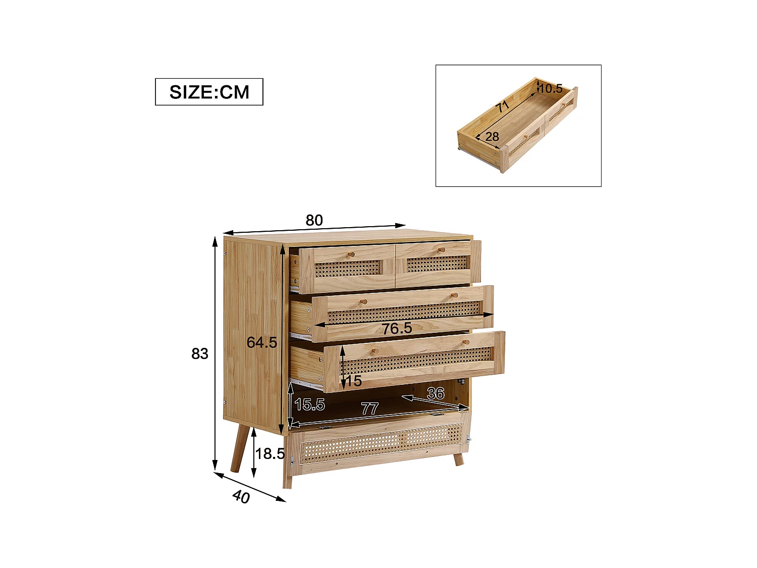 Commode classique, 3 tiroirs en rattan, avec plateau pivotant et poignées en métal doré, pieds en bois, blanc (80x40x83 cm)