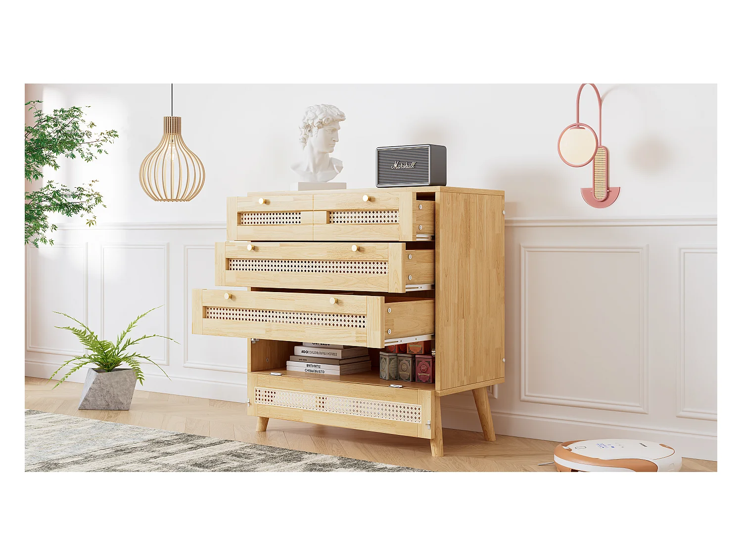 Commode classique, 3 tiroirs en rattan, avec plateau pivotant et poignées en métal doré, pieds en bois, blanc (80x40x83 cm)