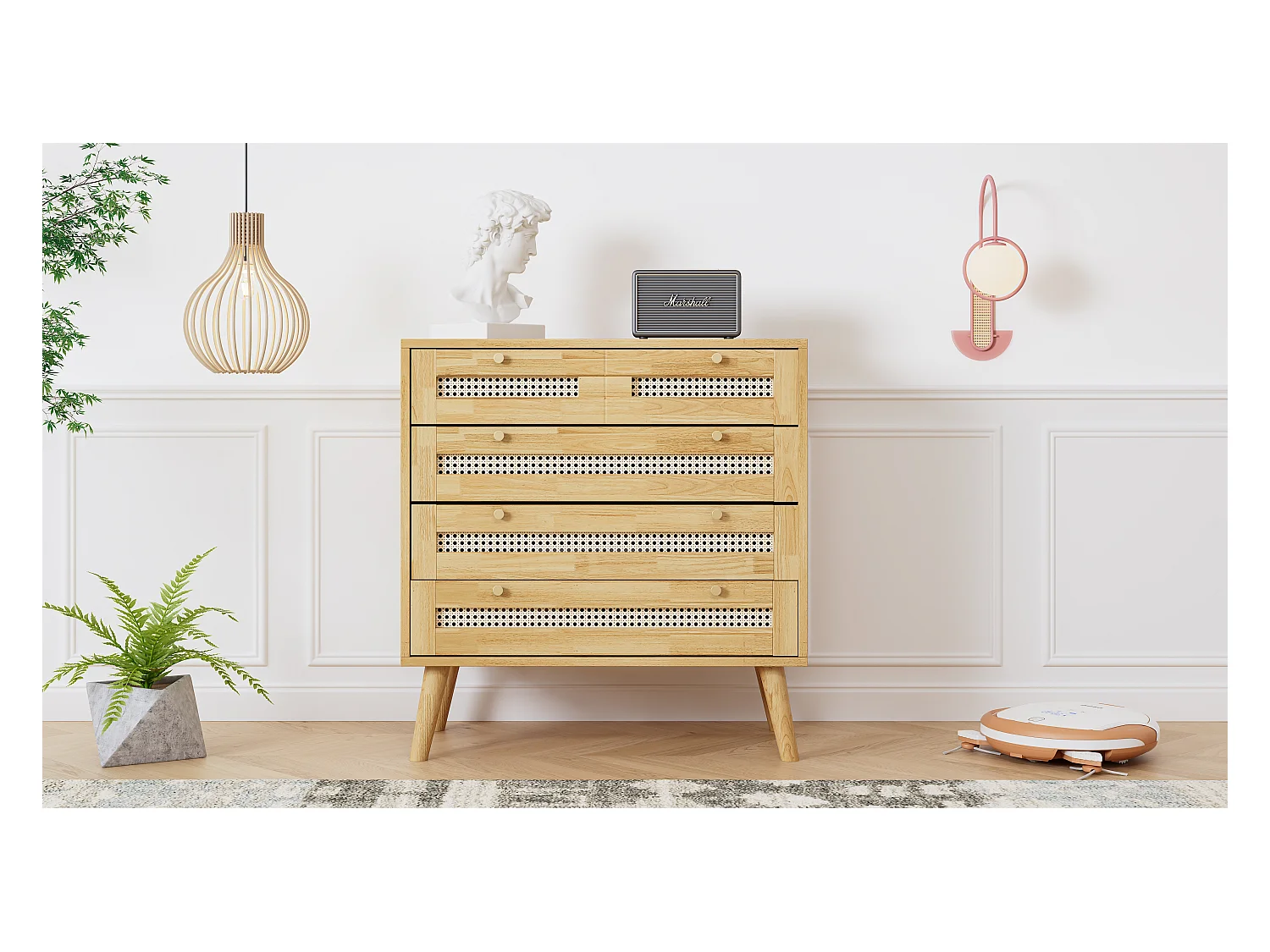 Commode classique, 3 tiroirs en rattan, avec plateau pivotant et poignées en métal doré, pieds en bois, blanc (80x40x83 cm)