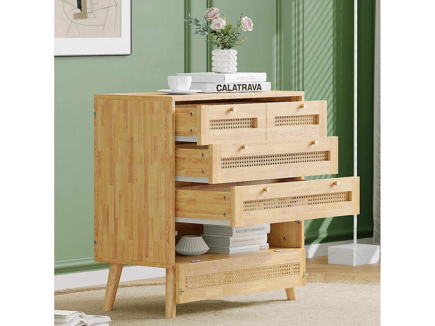 Commode classique, 3 tiroirs en rattan, avec plateau pivotant et poignées en métal doré, pieds en bois, blanc (80x40x83 cm)