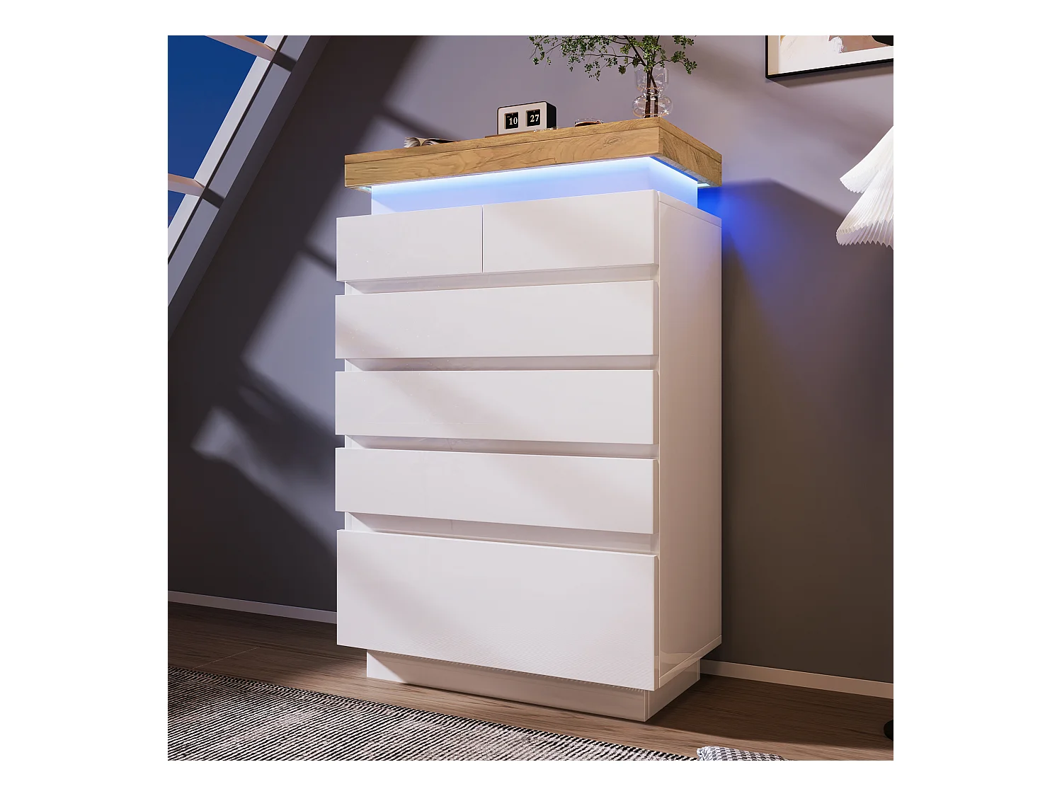 Commode moderne avec 6 tiroirs, LED contrôlable par application, meuble multifonction pour salon et chambre, blanc, (115x73x39 cm)
