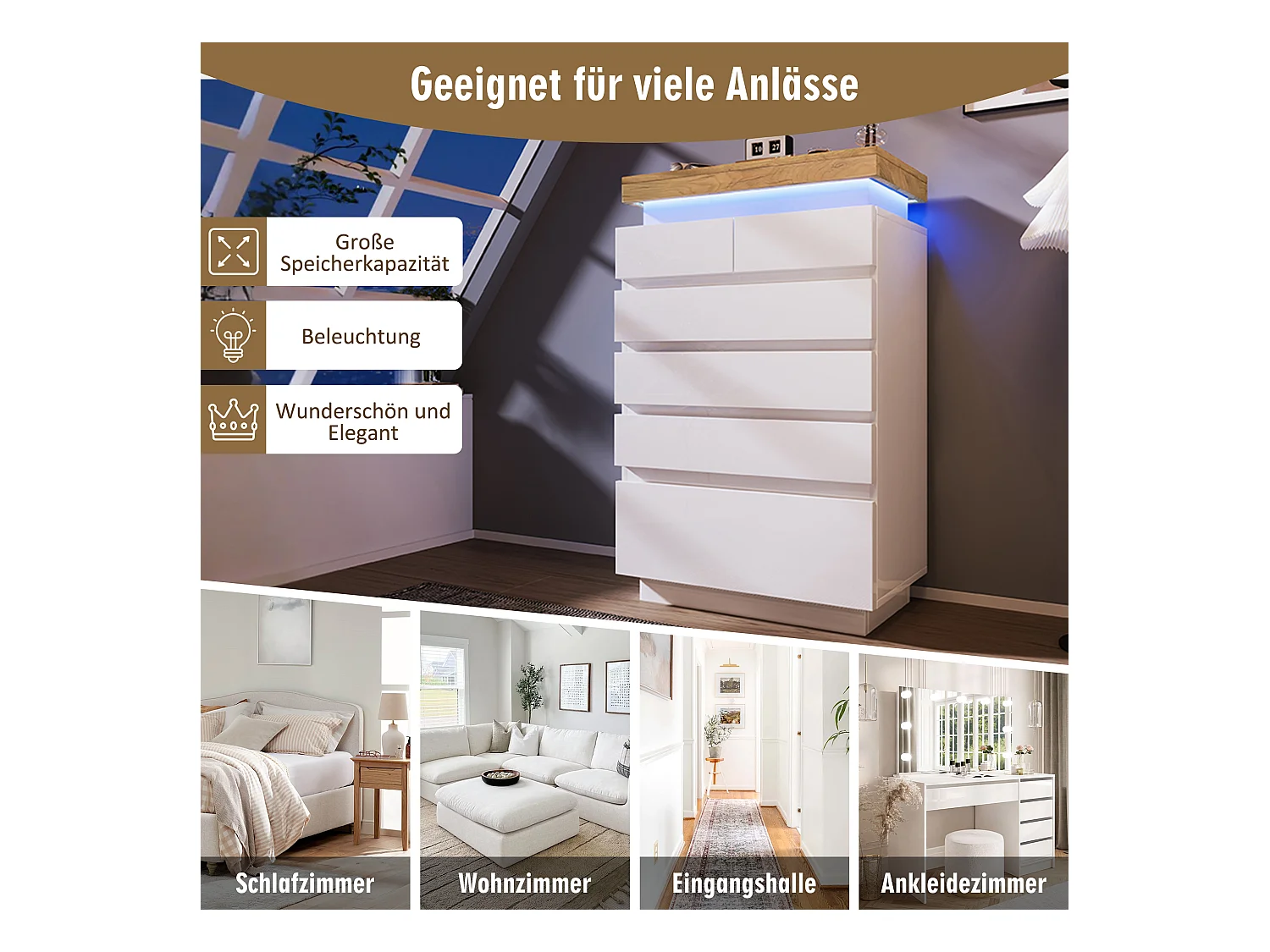 Commode moderne avec 6 tiroirs, LED contrôlable par application, meuble multifonction pour salon et chambre, blanc, (115x73x39 cm)