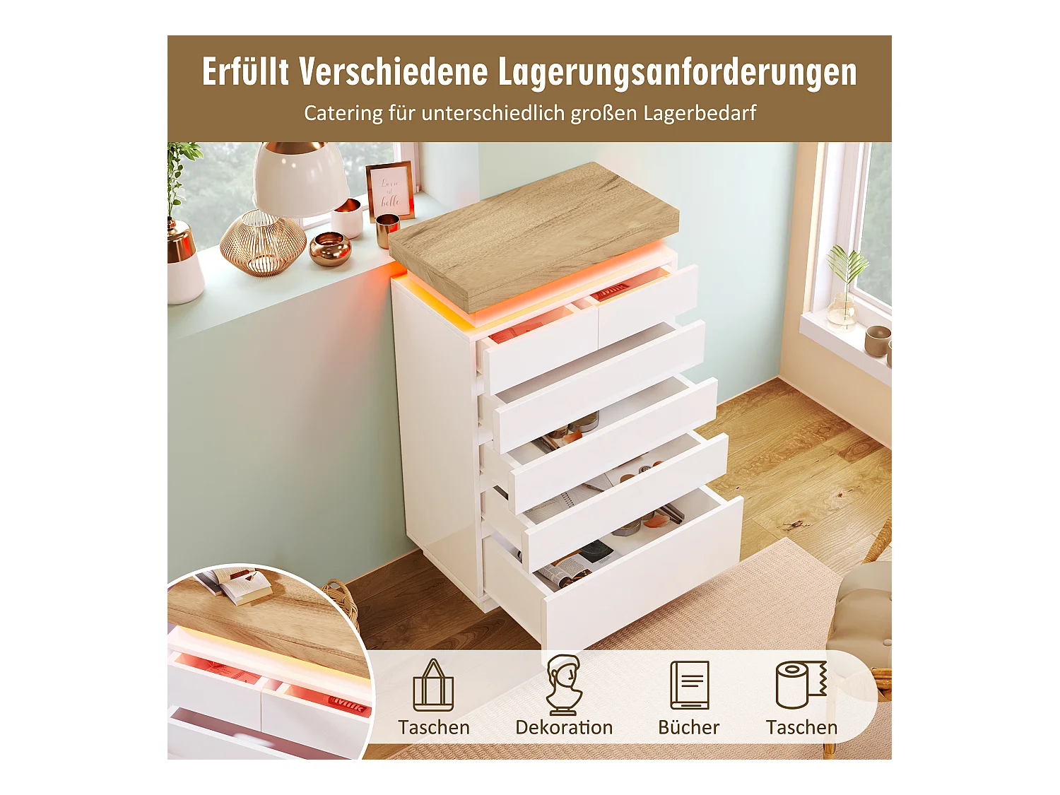 Commode moderne avec 6 tiroirs, LED contrôlable par application, meuble multifonction pour salon et chambre, blanc, (115x73x39 cm)