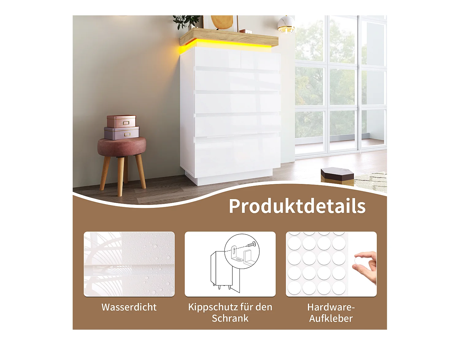 Commode moderne avec 6 tiroirs, LED contrôlable par application, meuble multifonction pour salon et chambre, blanc, (115x73x39 cm)