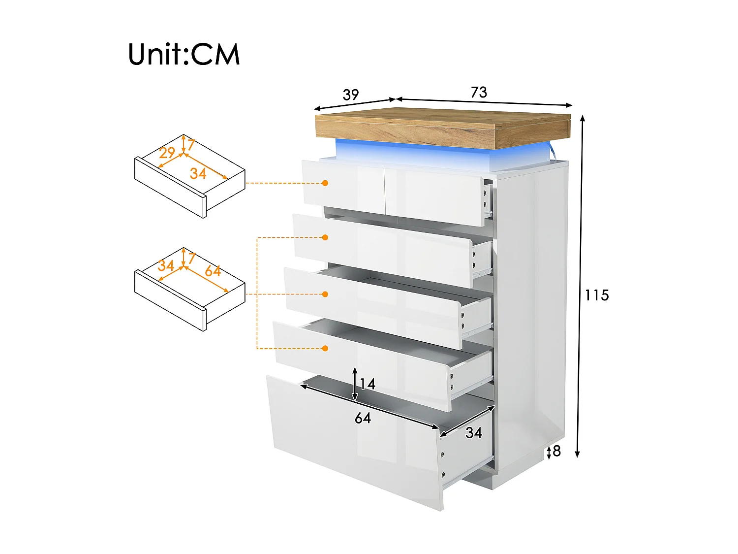 Commode moderne avec 6 tiroirs, LED contrôlable par application, meuble multifonction pour salon et chambre, blanc, (115x73x39 cm)