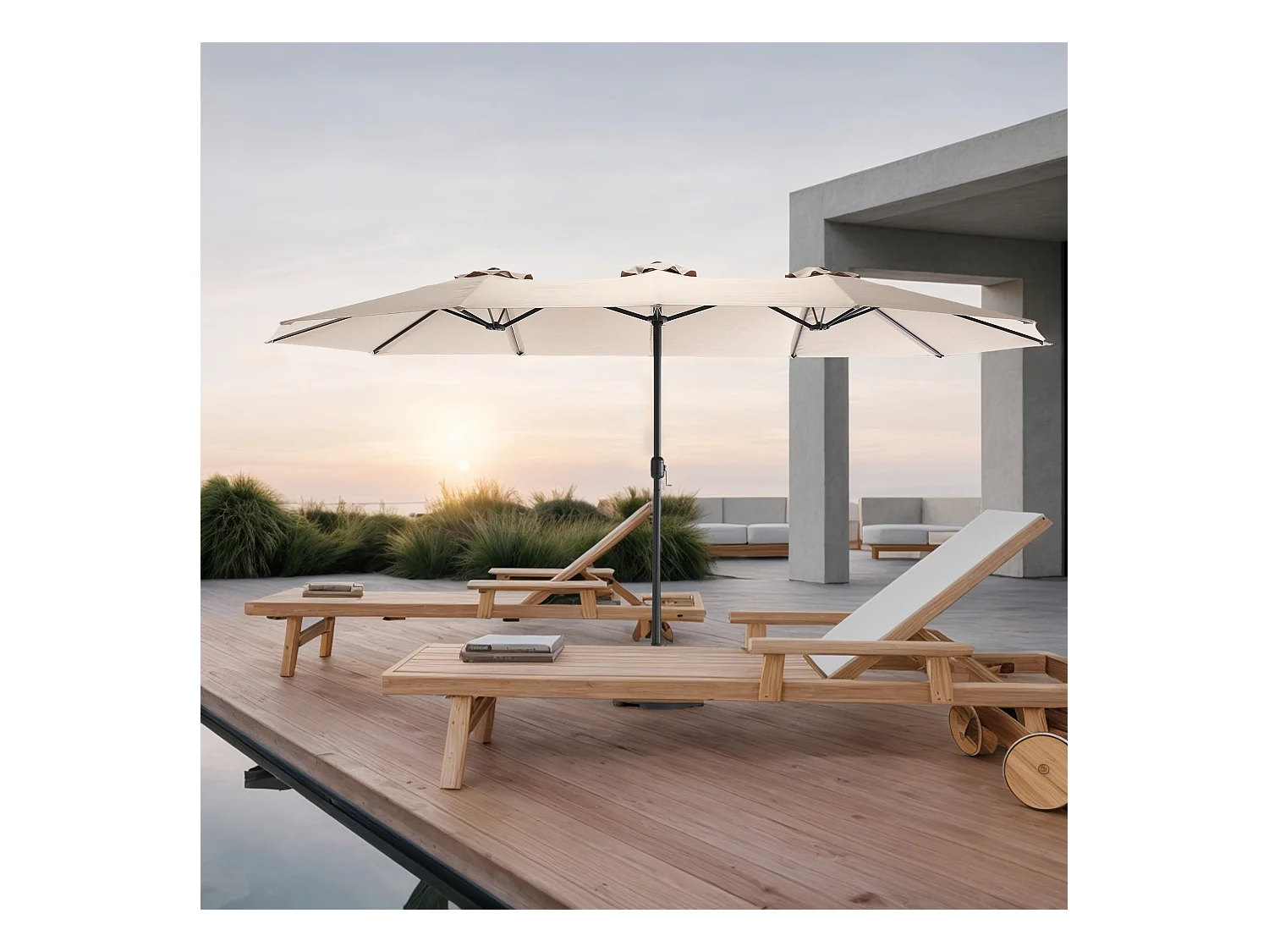Parasol extérieur double face rectangulaire avec manivelle, structure en acier, kaki (4.5x4.5x3m)