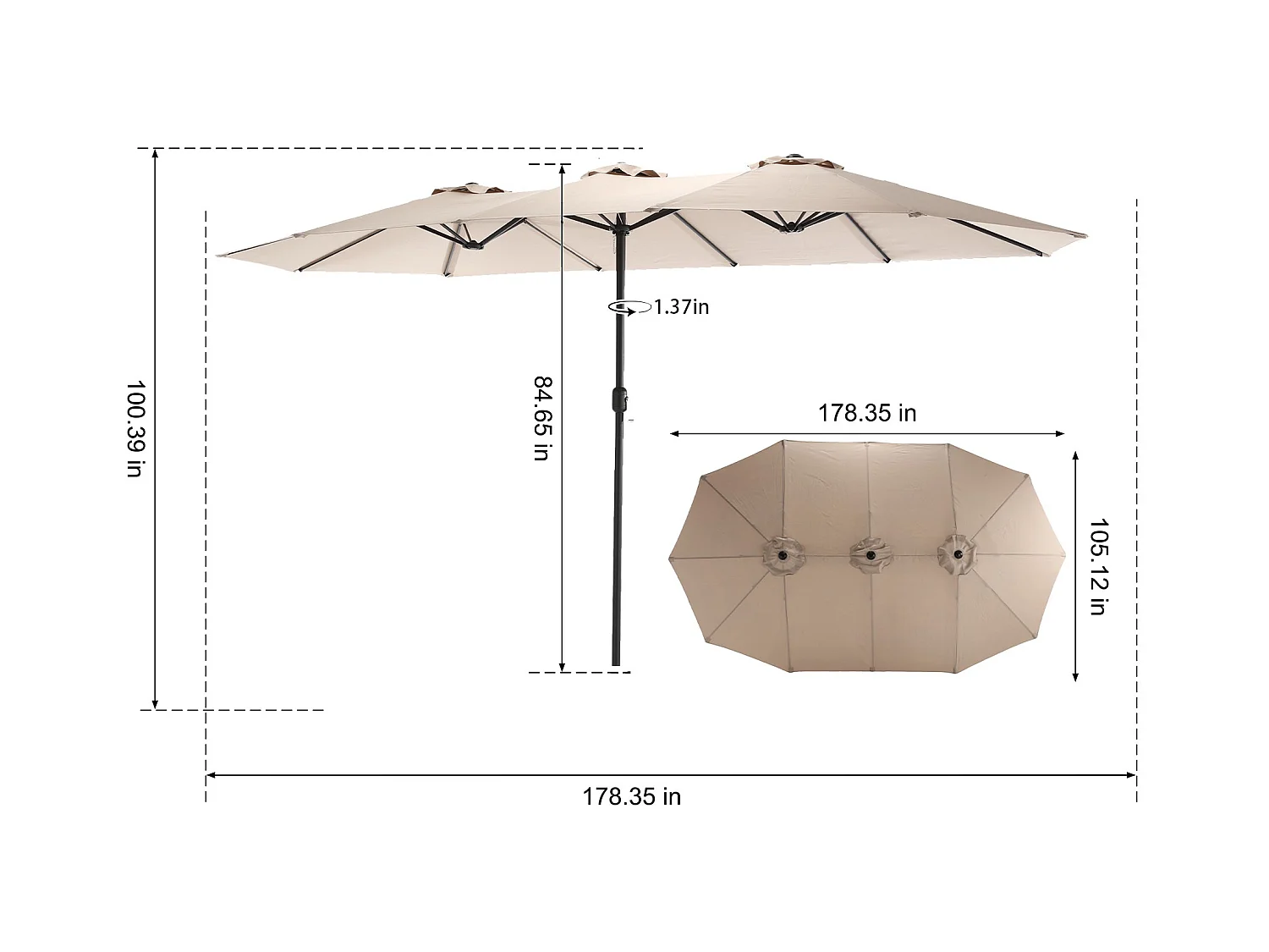 Parasol extérieur double face rectangulaire avec manivelle, structure en acier, kaki (4.5x4.5x3m)
