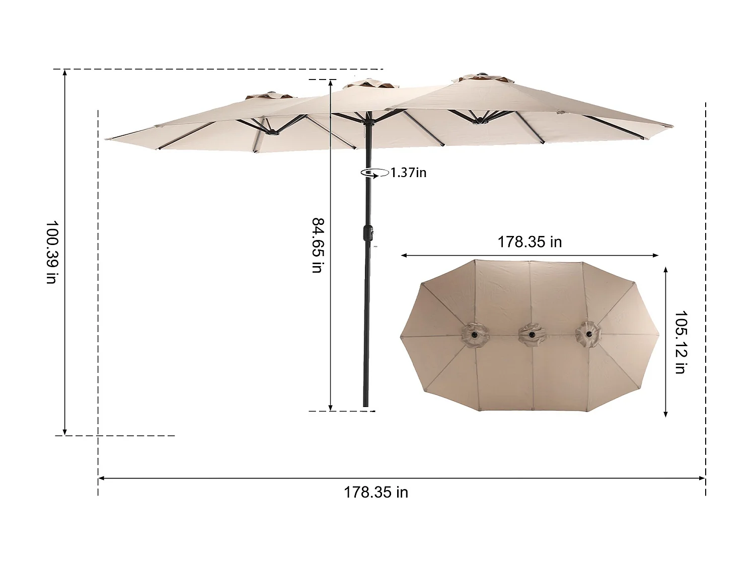 Parasol extérieur double face rectangulaire avec manivelle, structure en acier, kaki (4.5x4.5x3m)