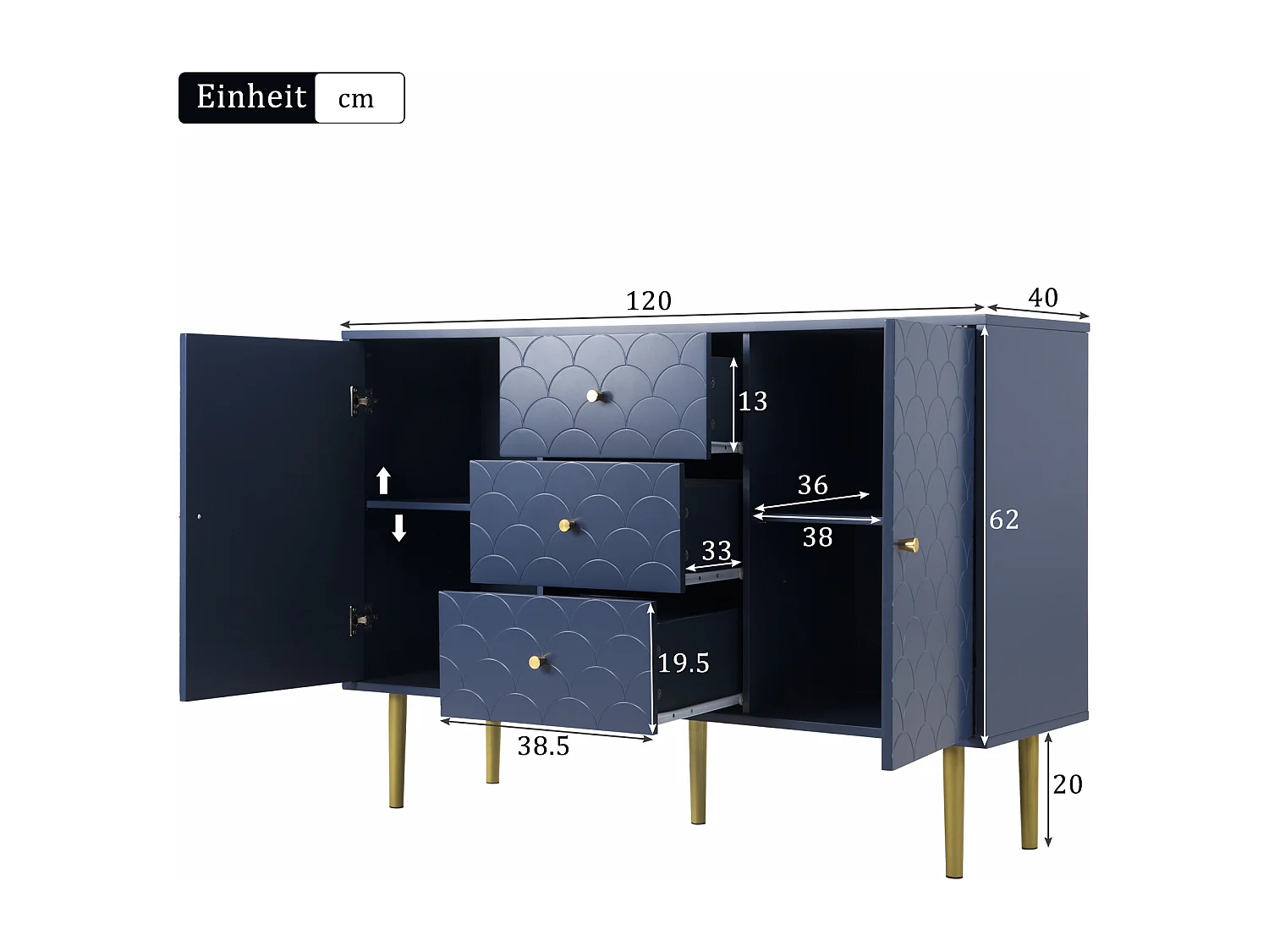 Commode avec 2 portes et 3 tiroirs, rangement réglable, en panneau de particules, bleu marine (82x120x40 cm)