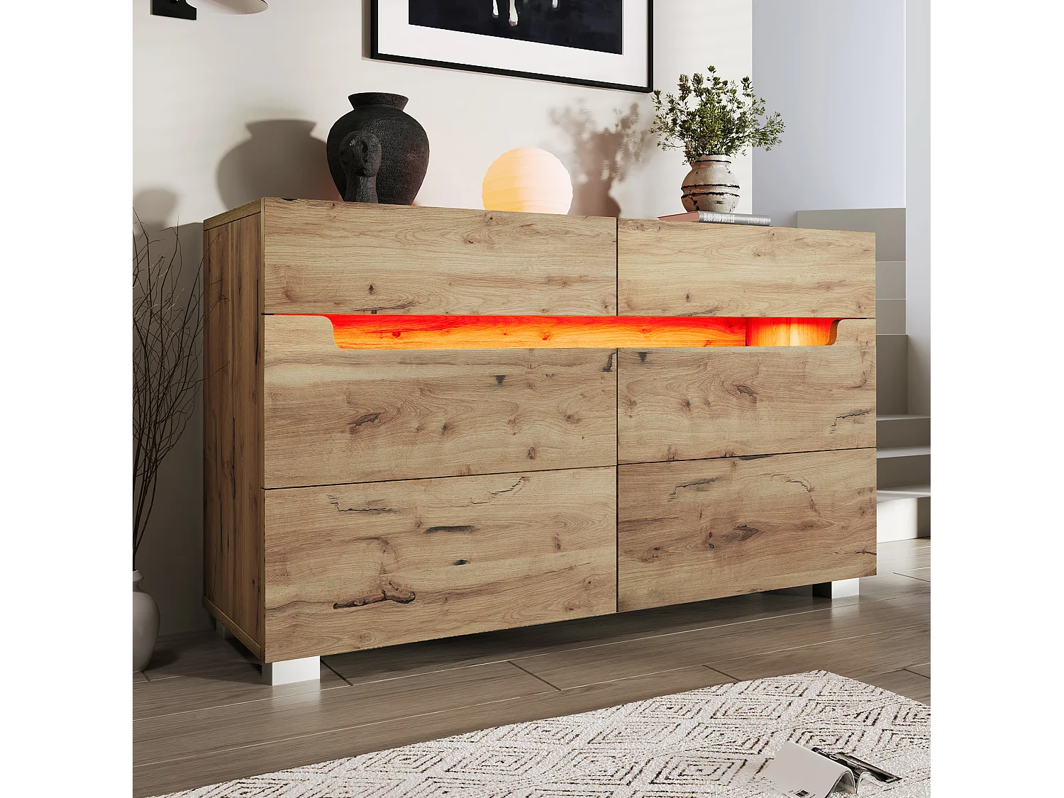 Commode en bois avec 6 tiroirs, LED contrôlable par application, meuble multifonction pour salon et chambre, chêne, (71x120x40 cm)