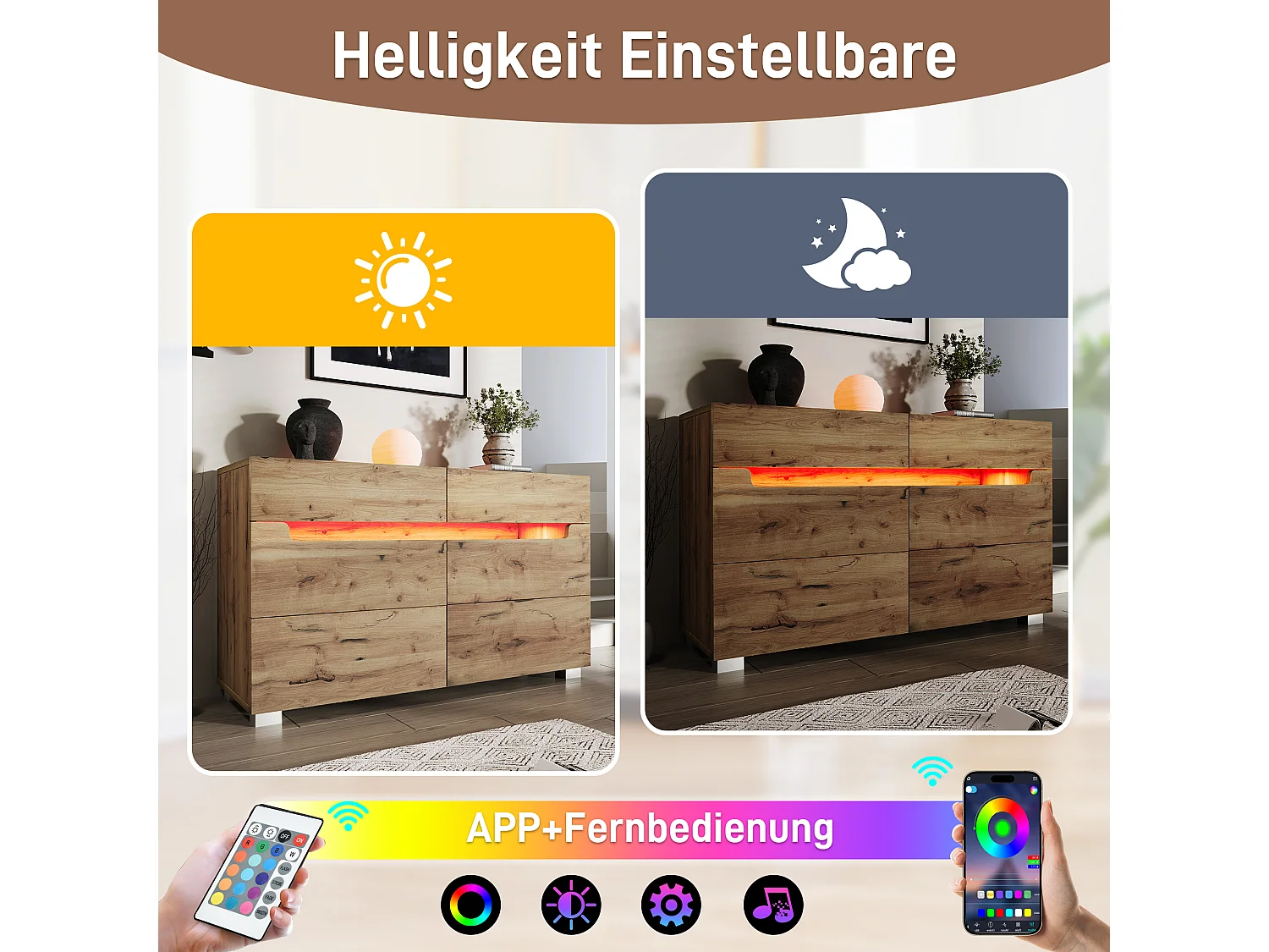 Commode en bois avec 6 tiroirs, LED contrôlable par application, meuble multifonction pour salon et chambre, chêne, (71x120x40 cm)