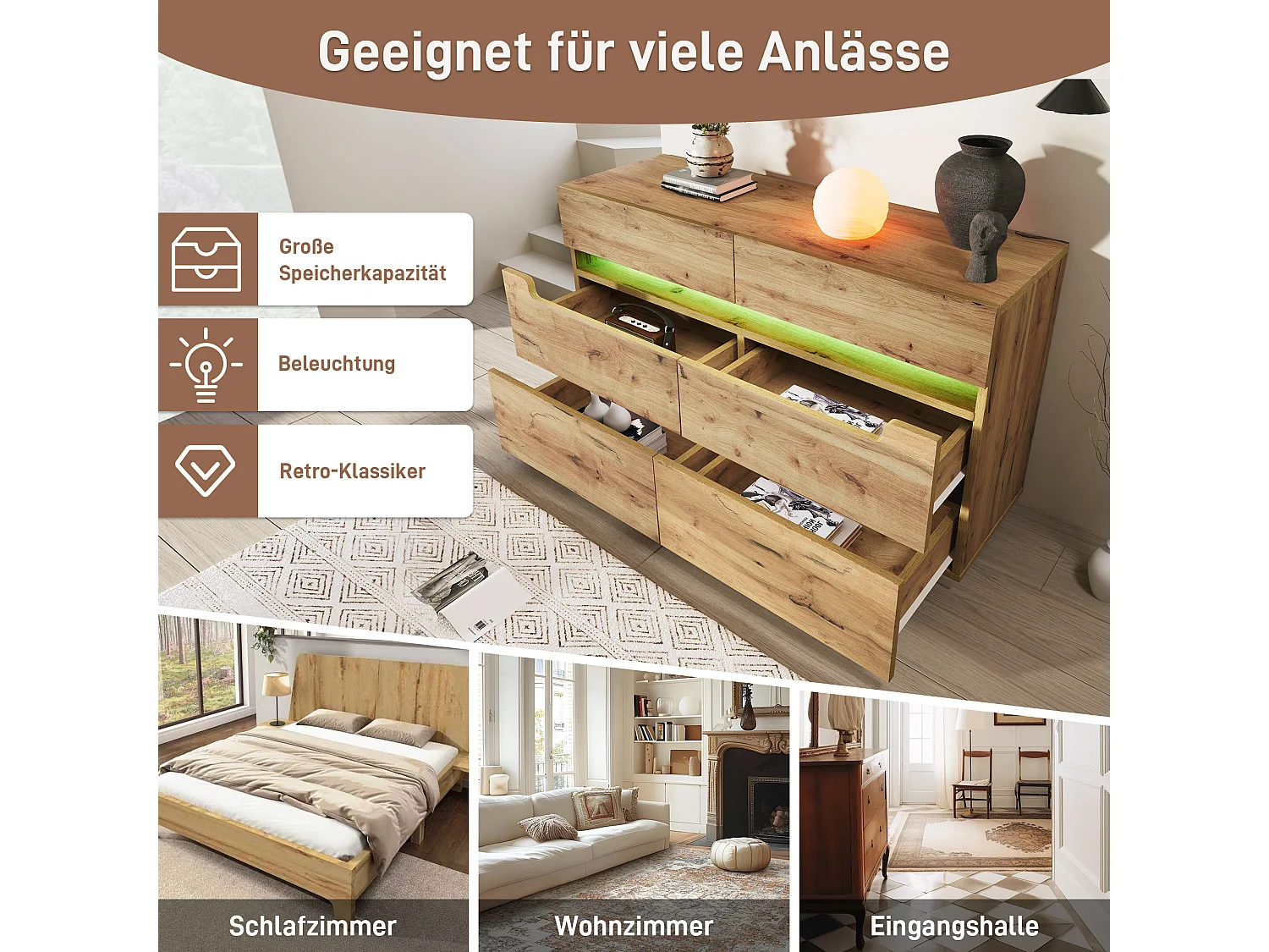 Commode en bois avec 6 tiroirs, LED contrôlable par application, meuble multifonction pour salon et chambre, chêne, (71x120x40 cm)