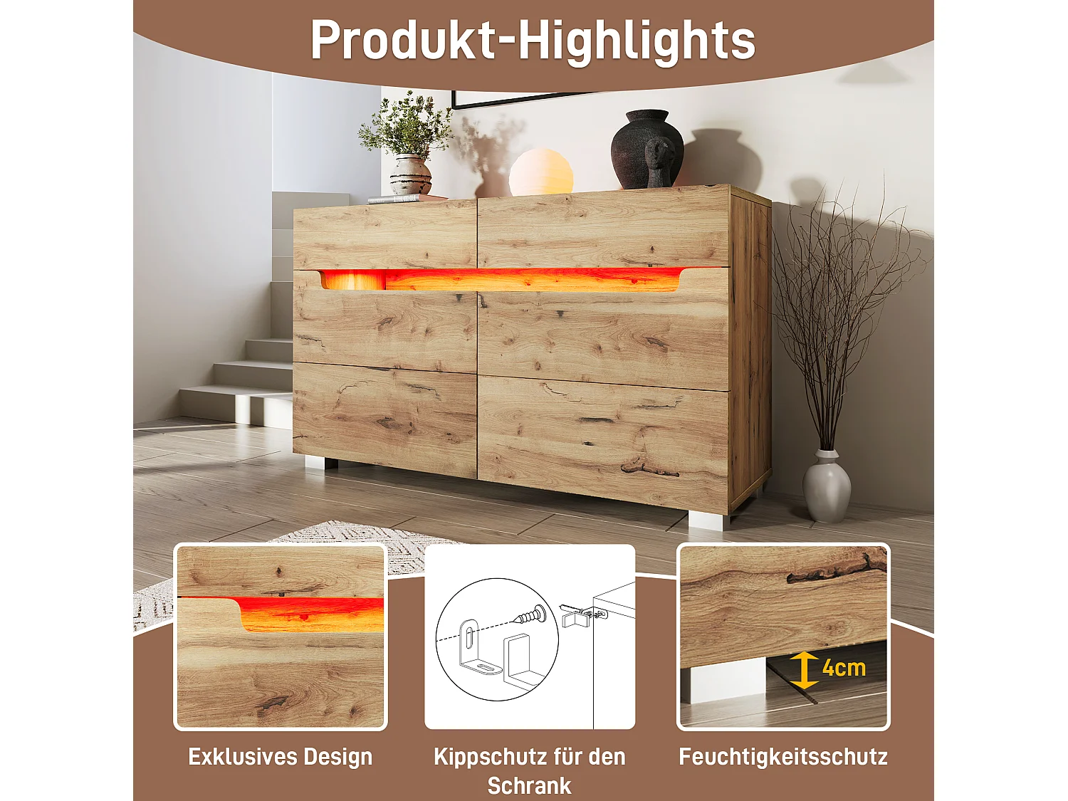 Commode en bois avec 6 tiroirs, LED contrôlable par application, meuble multifonction pour salon et chambre, chêne, (71x120x40 cm)