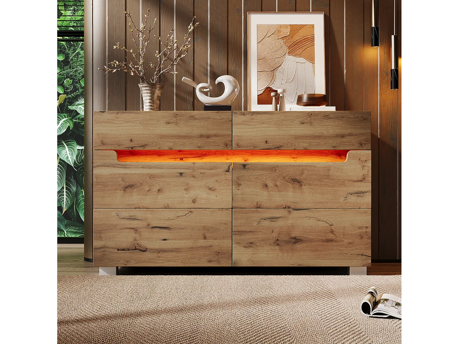 Commode en bois avec 6 tiroirs, LED contrôlable par application, meuble multifonction pour salon et chambre, chêne, (71x120x40 cm)