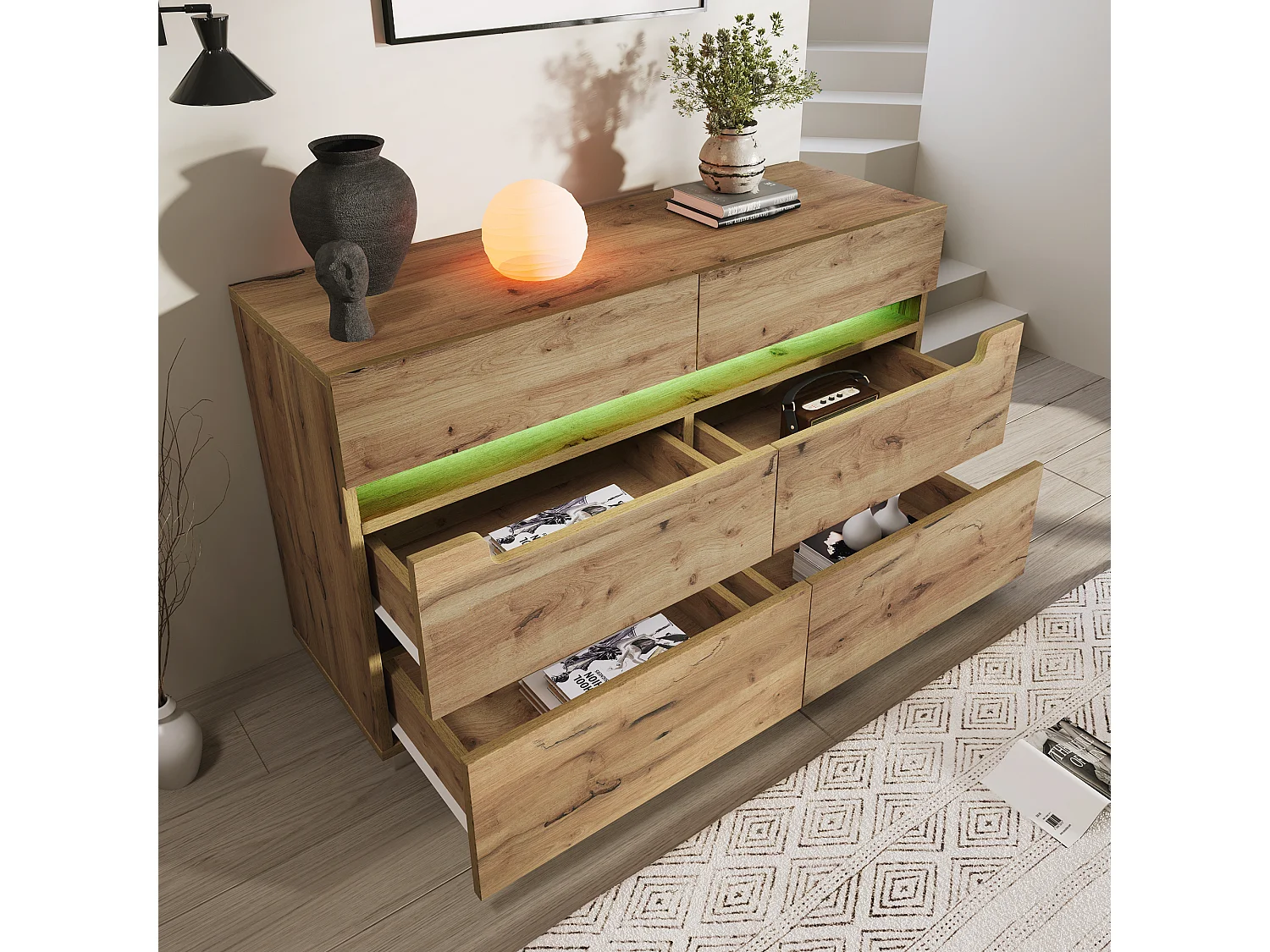 Commode en bois avec 6 tiroirs, LED contrôlable par application, meuble multifonction pour salon et chambre, chêne, (71x120x40 cm)